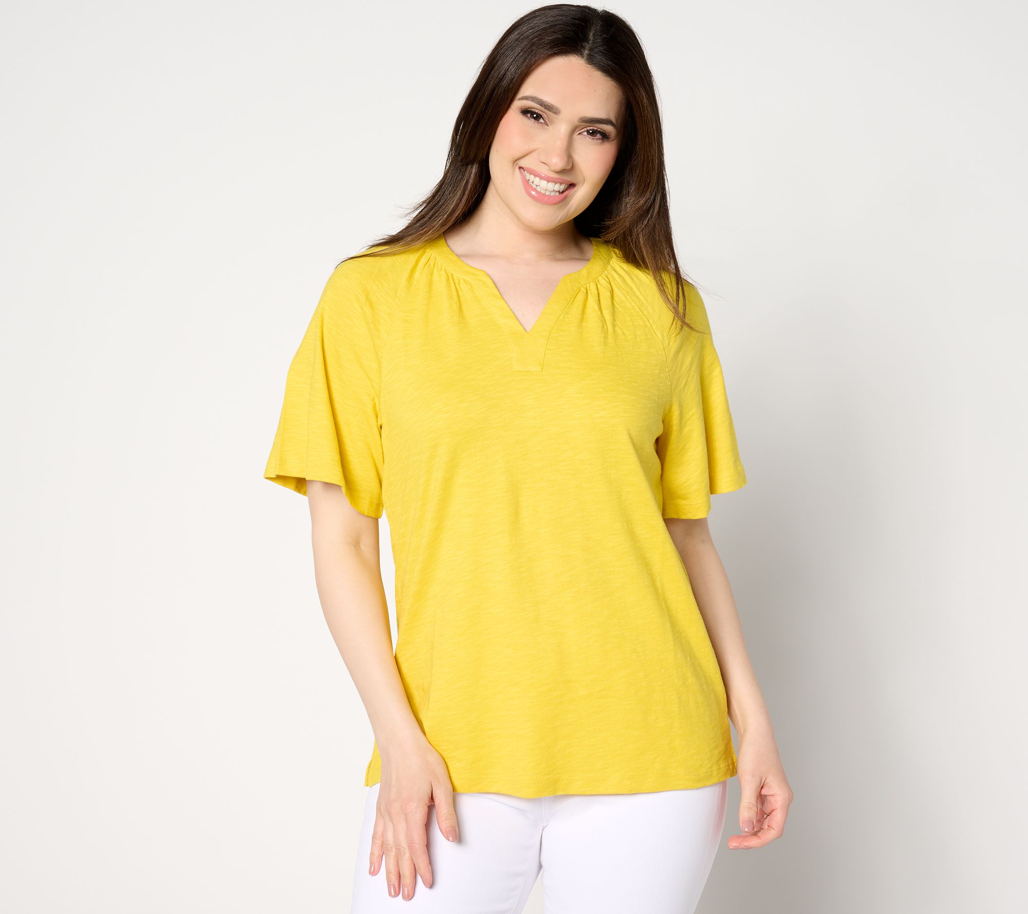 Denim & Co. Linen Blend Flutter Short Sleeve Knit Top