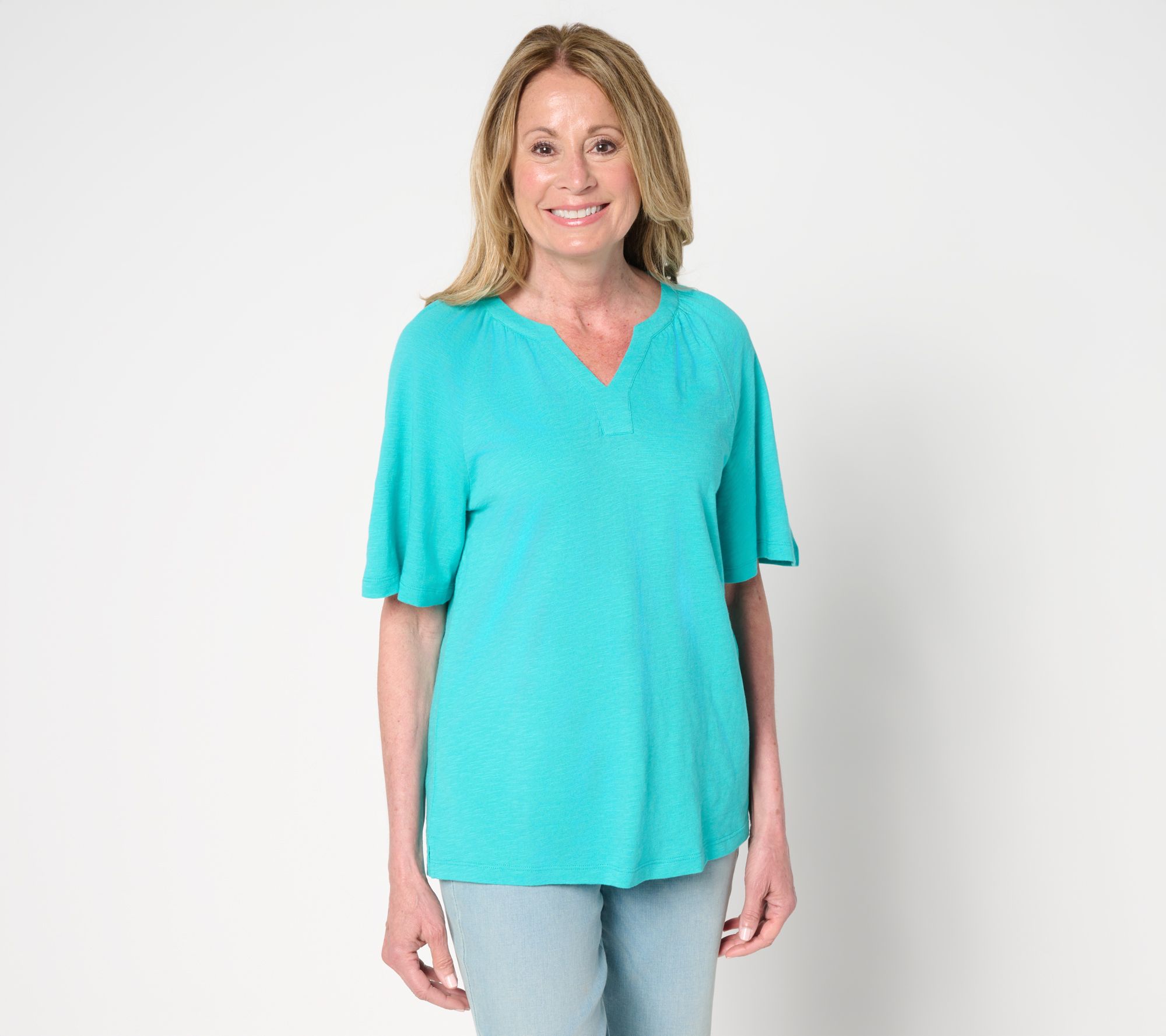Denim & Co. Linen Blend Flutter Short Sleeve Knit Top
