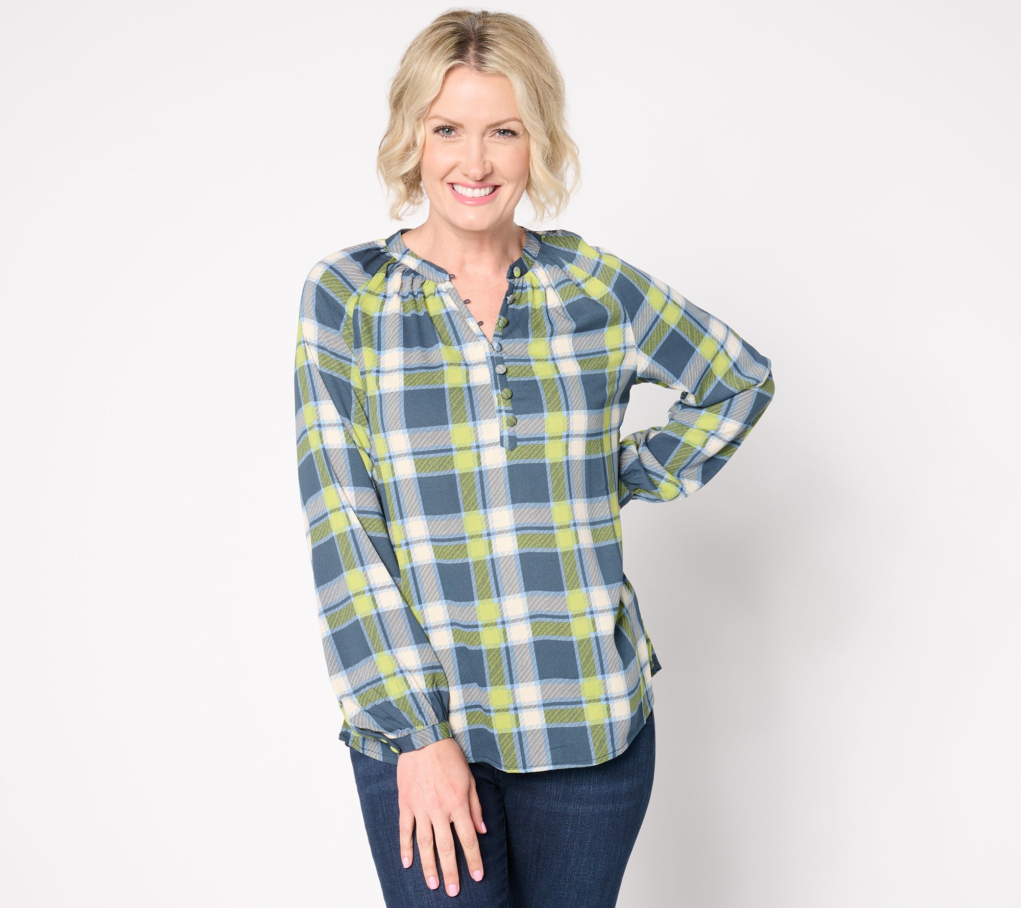 Belle by Kim Gravel Blurred Plaid Henley Blouse