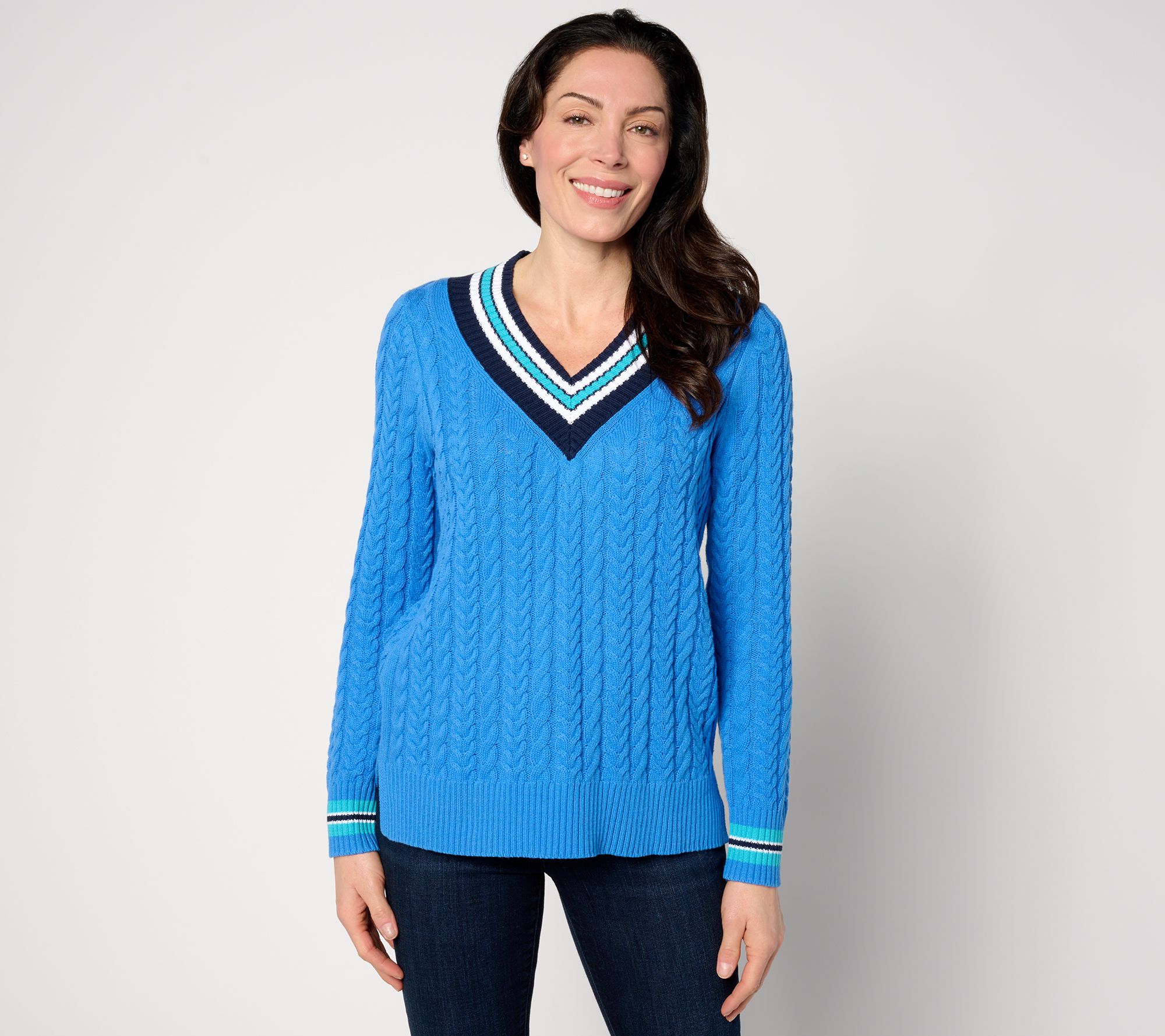"As Is" Isaac Mizrahi Live! Clubhouse Cable V-Neck Sweater with Tipping