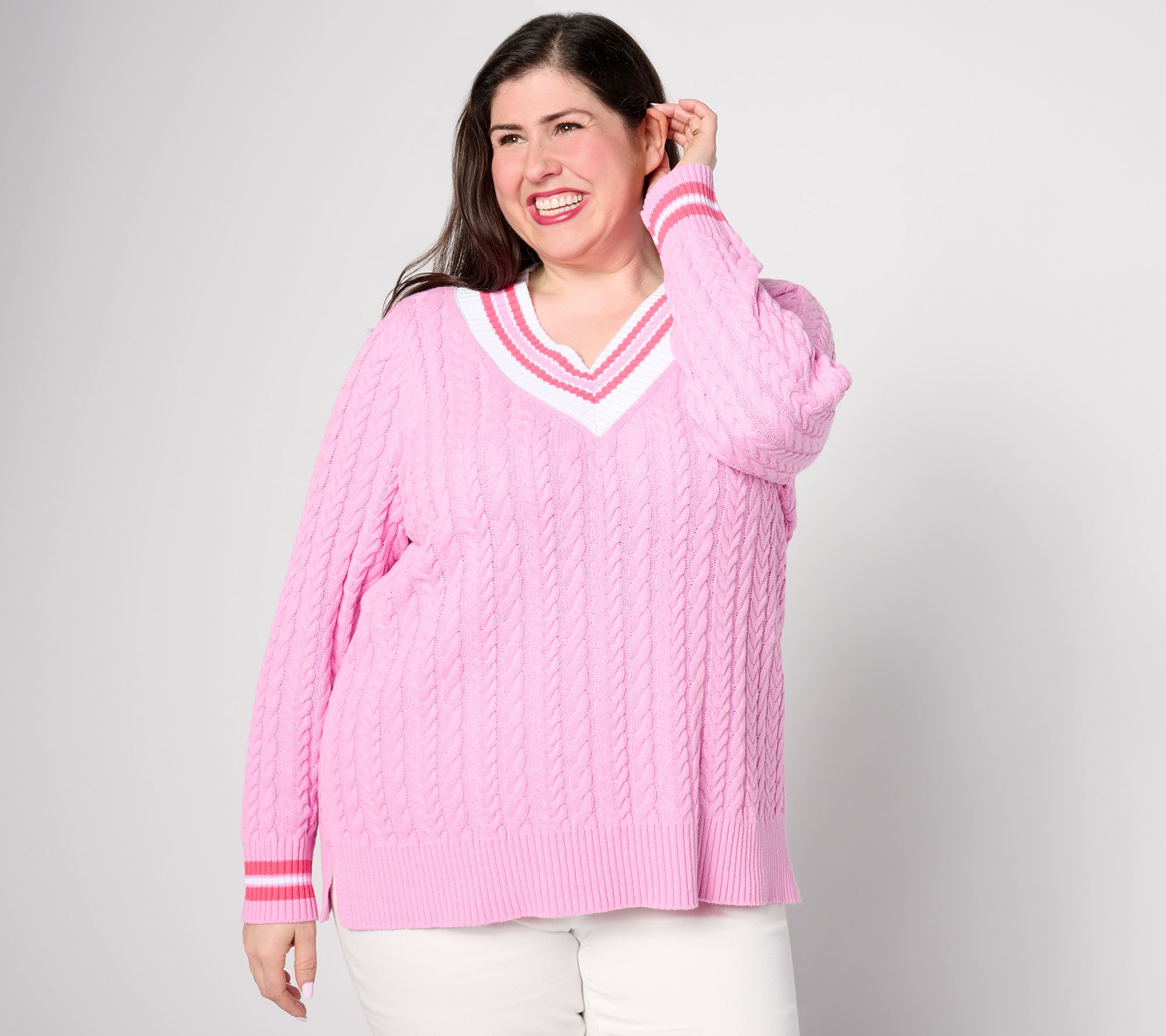"As Is" Isaac Mizrahi Live! Clubhouse Cable V-Neck Sweater with Tipping