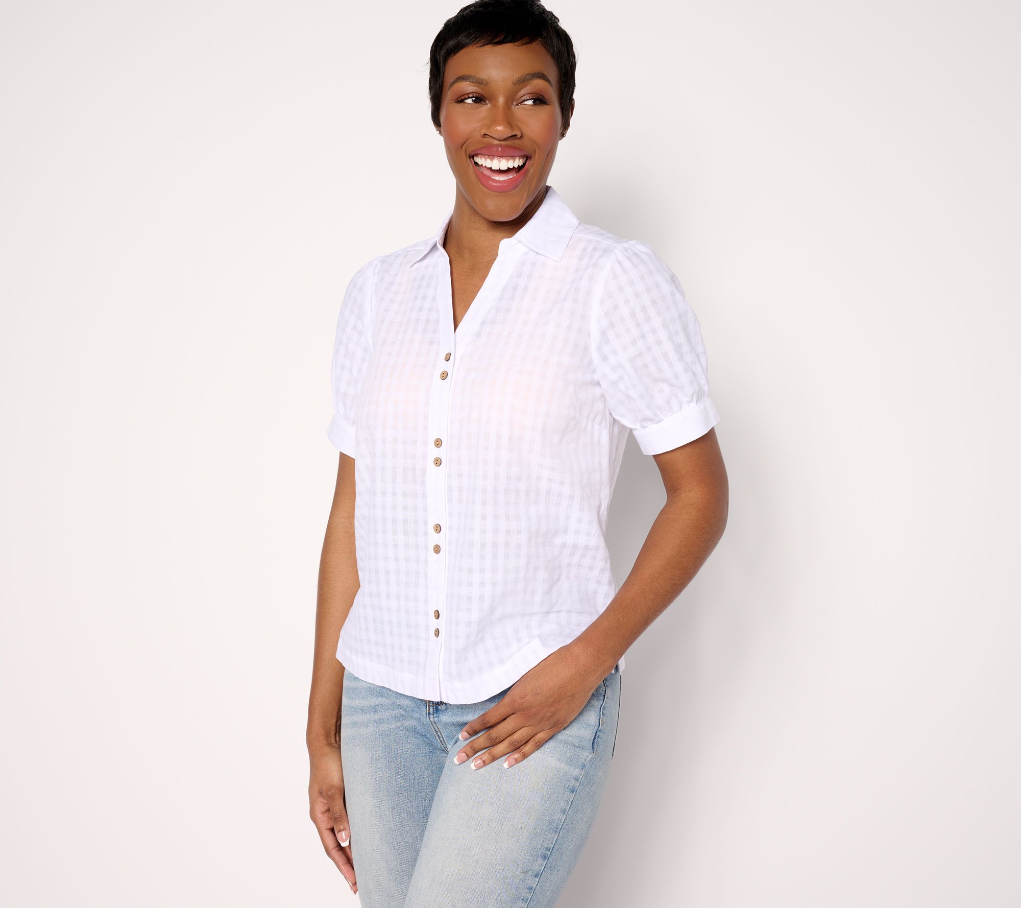 "As Is" AnyBody Puff Sleeve Collar Shirt with Step Hem