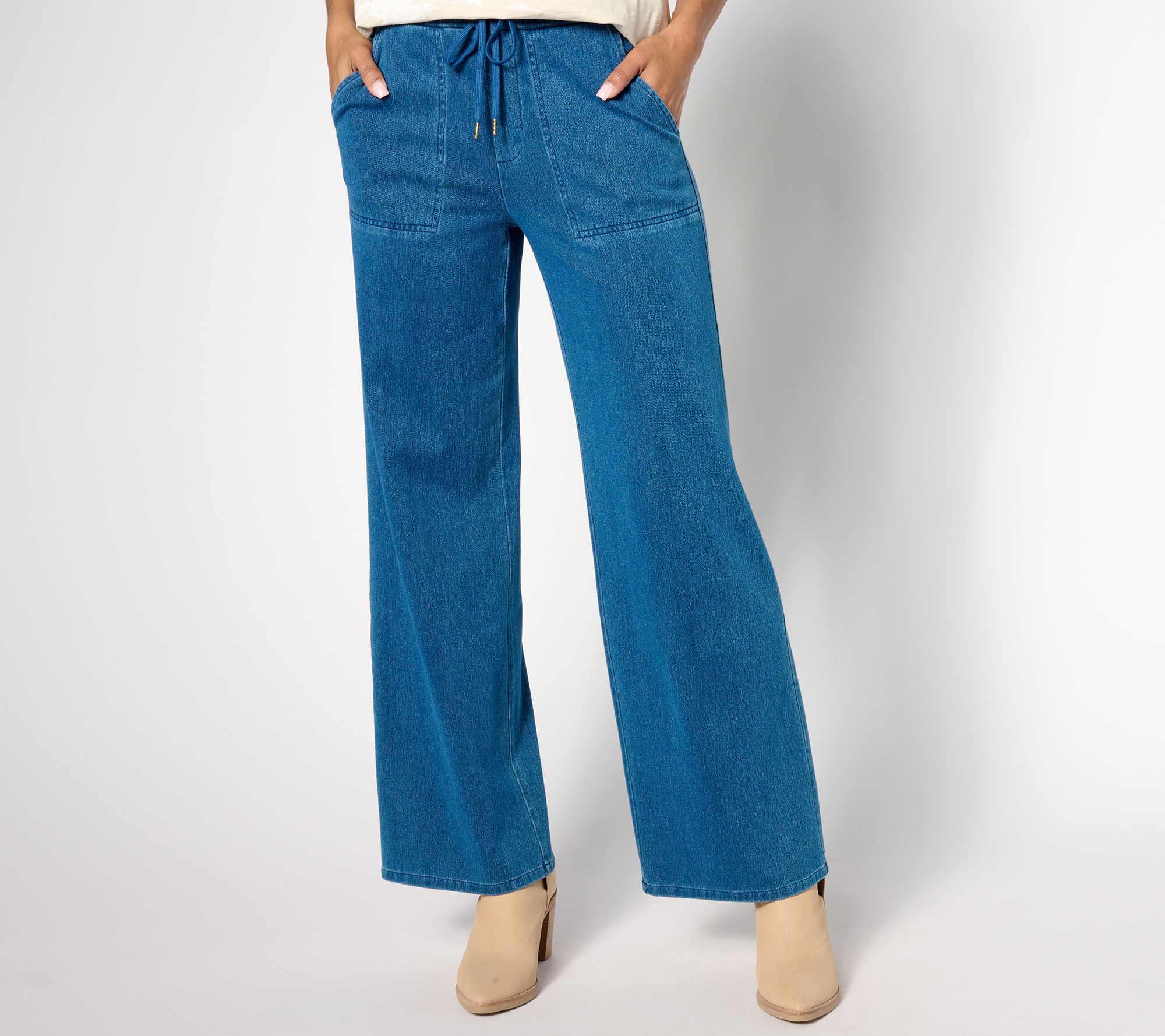 "As Is" Denim & Co. Petite Comfy Knit Air Wide-Leg Pants with Drawstring