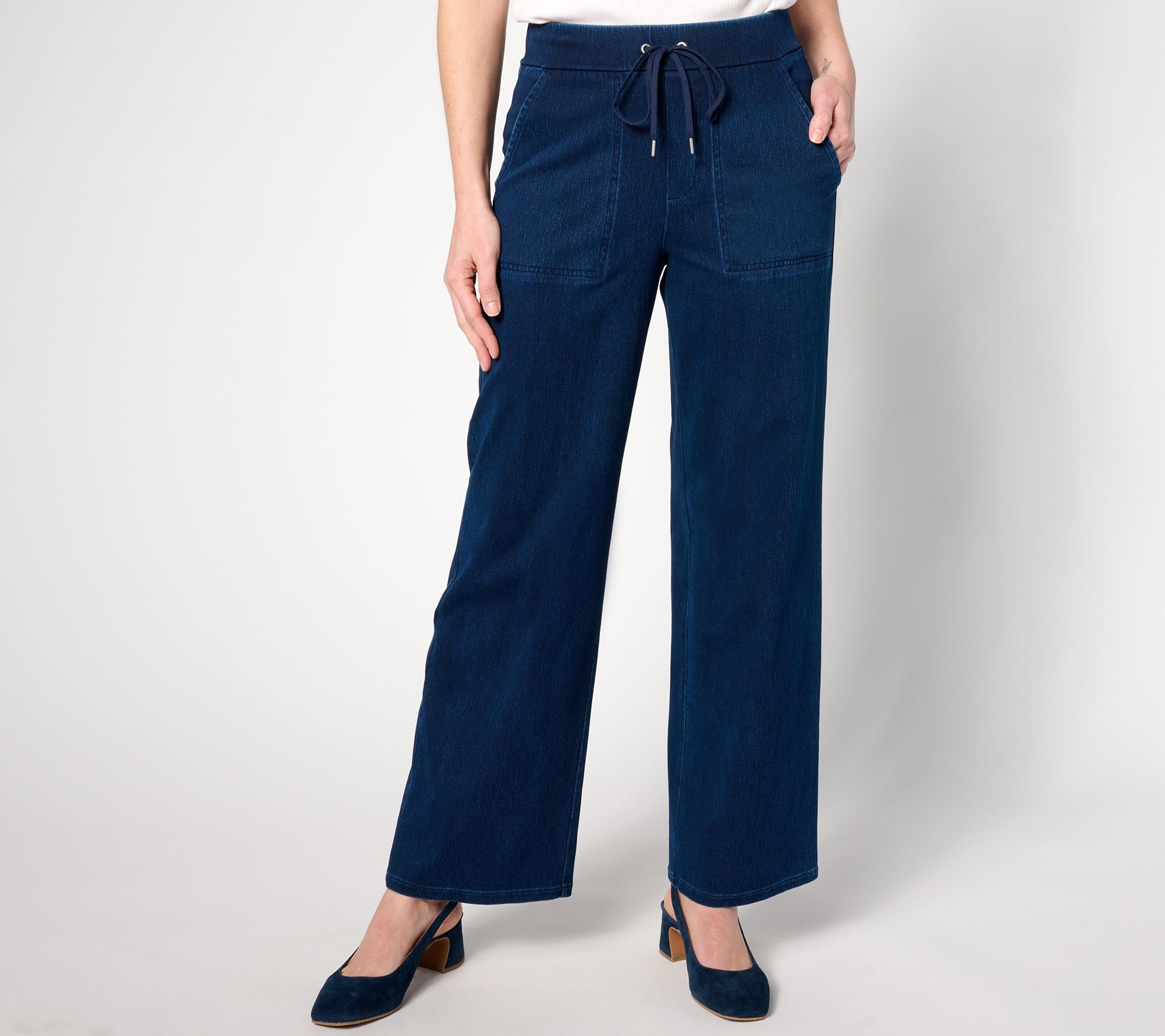 "As Is" Denim & Co. Petite Comfy Knit Air Wide-Leg Pants with Drawstring