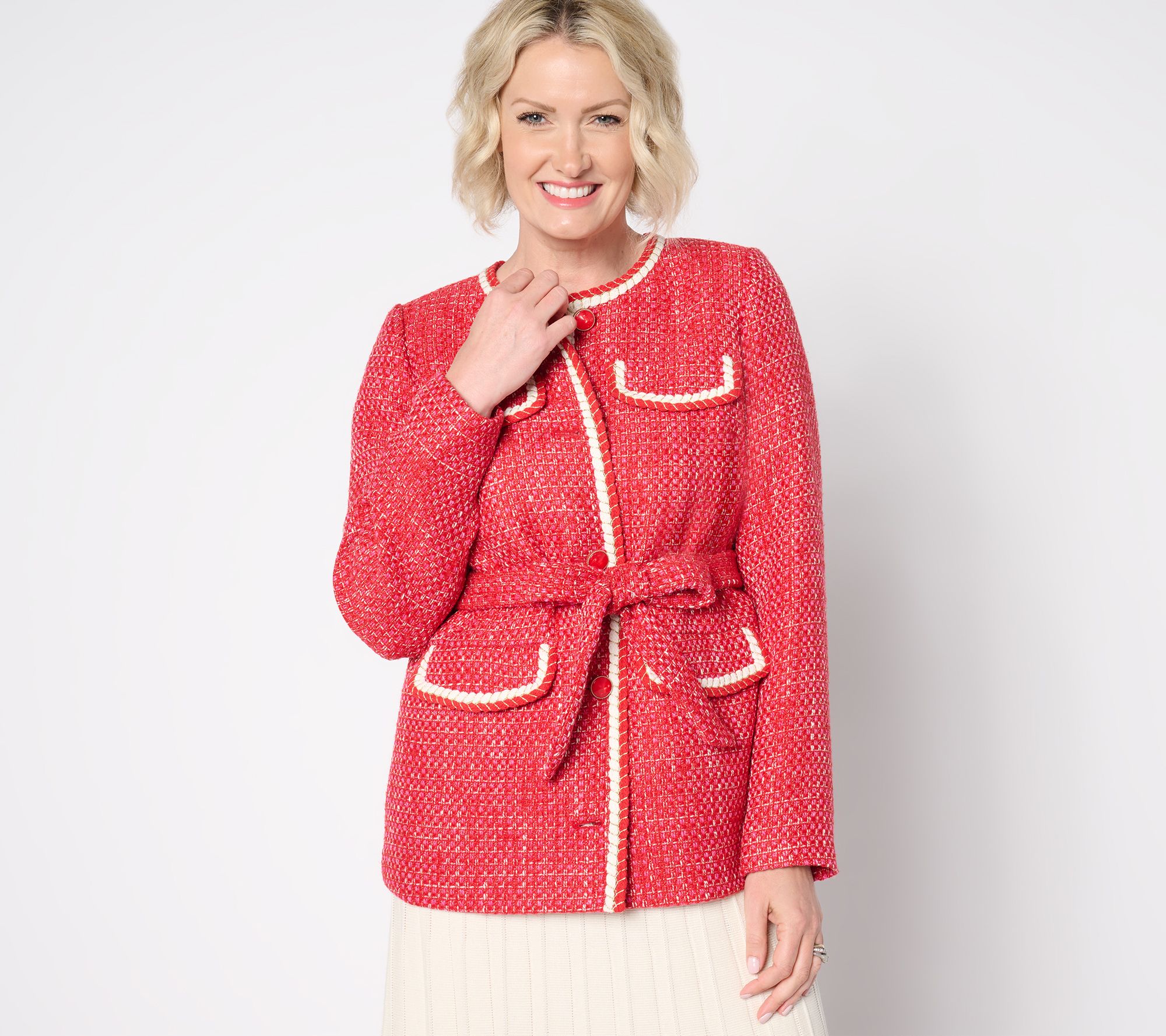 Isaac Mizrahi Live! Petite Woven Tweed Jacket with Self Tie Belt