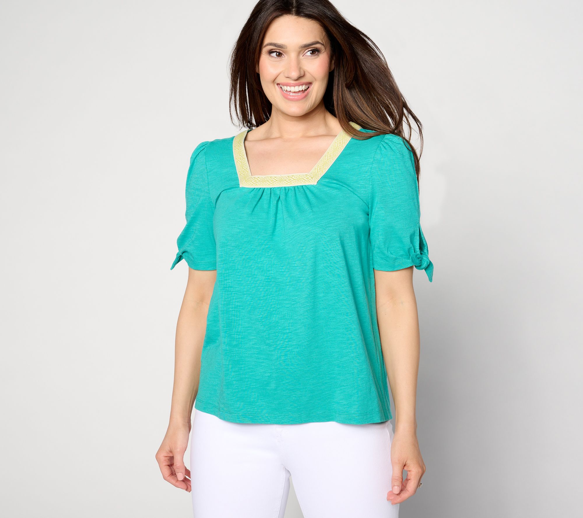 "As Is" Susan Graver Weekend Textured Tie-Sleeve Top w/ Neck Trim