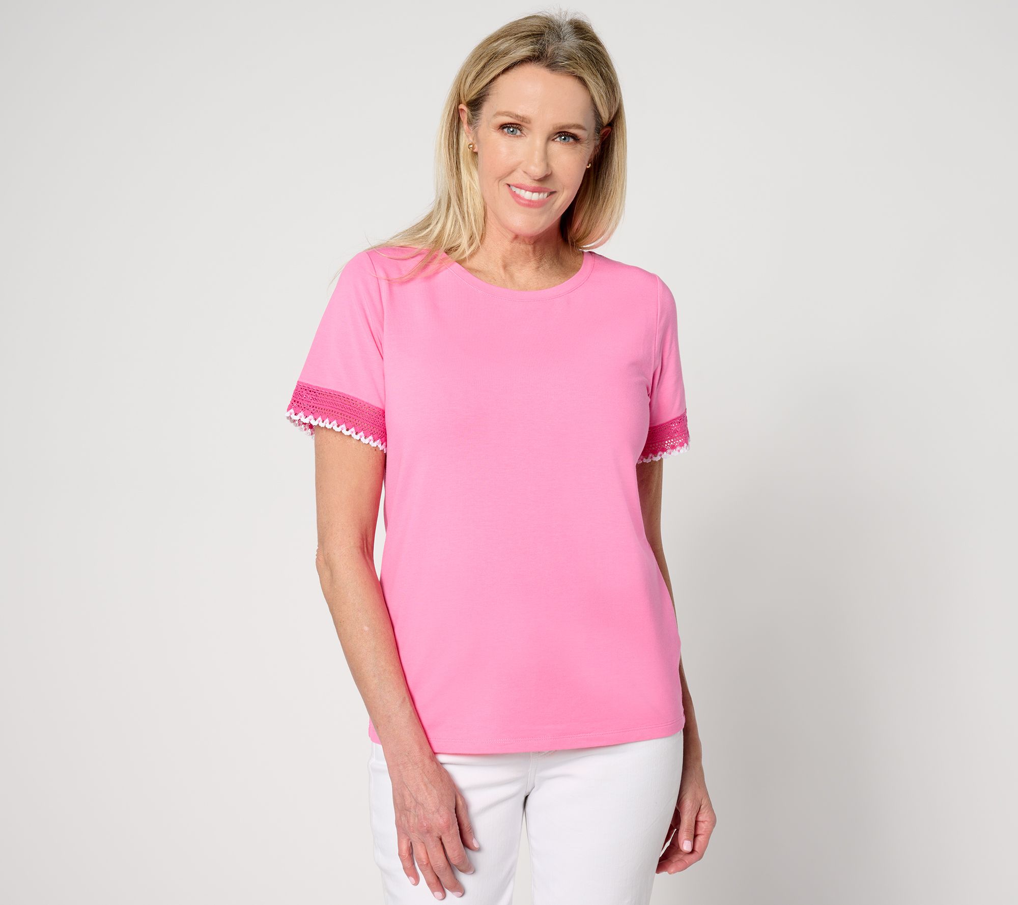 "As Is" Isaac Mizrahi Live! Short Sleeve Top with Embroidery Trim