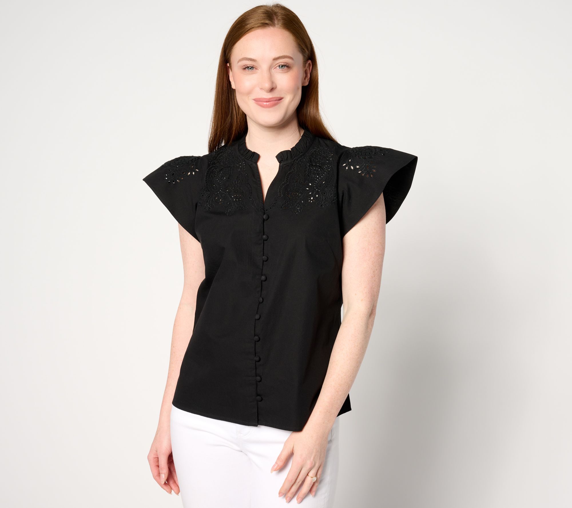 "As Is" Isaac Mizrahi Live! Split Neckline Embroidered Blouse