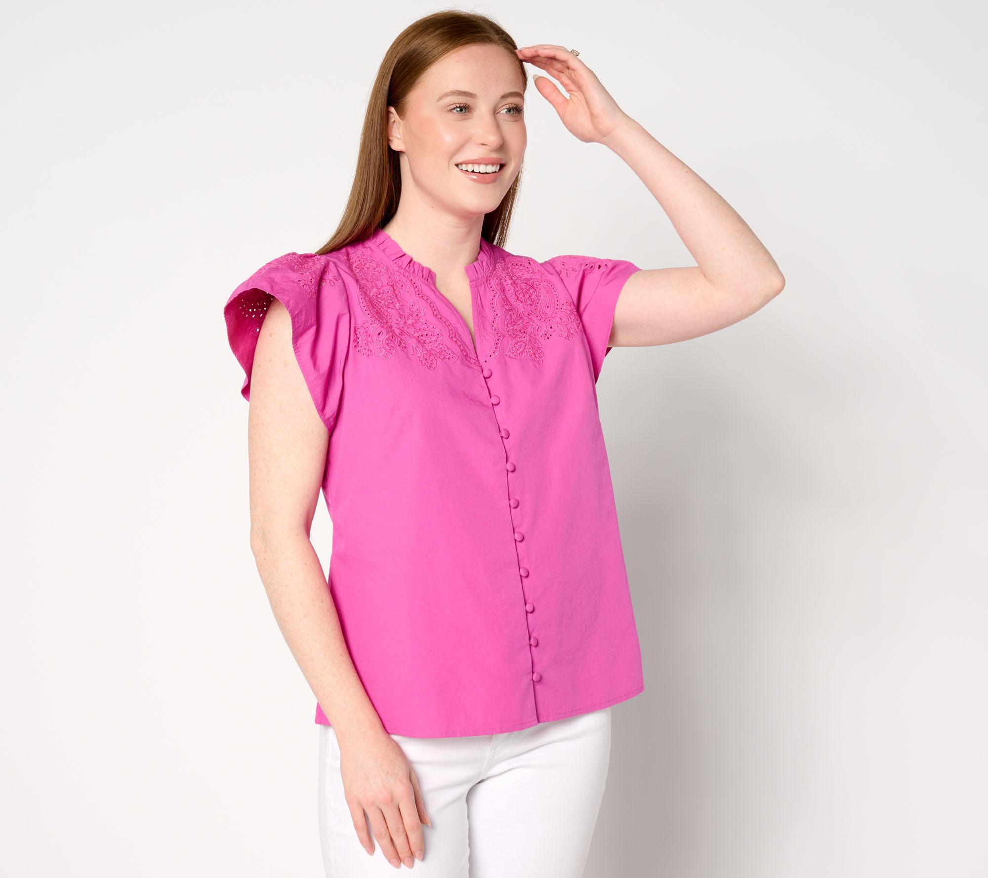 "As Is" Isaac Mizrahi Live! Split Neckline Embroidered Blouse