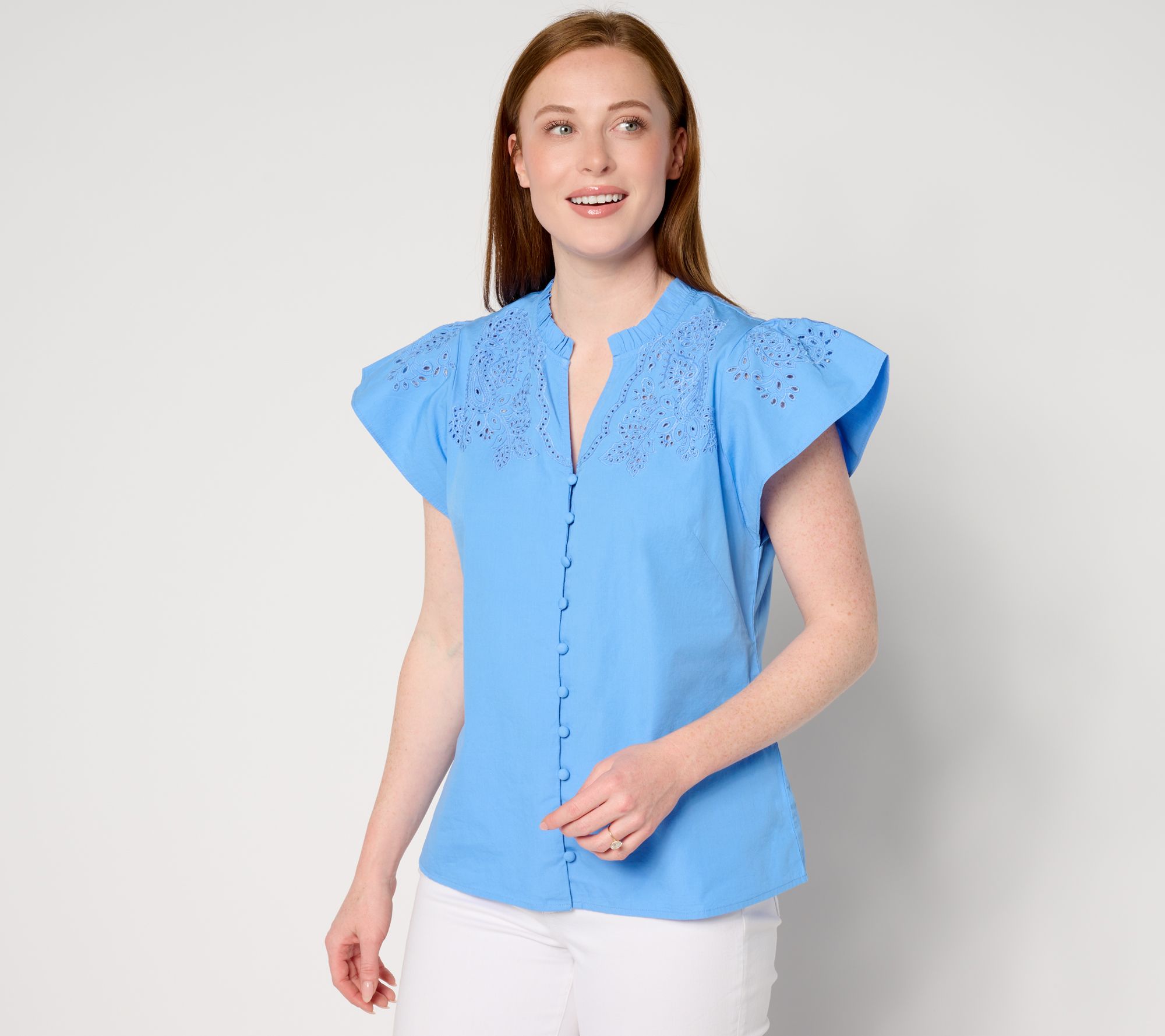 "As Is" Isaac Mizrahi Live! Split Neckline Embroidered Blouse