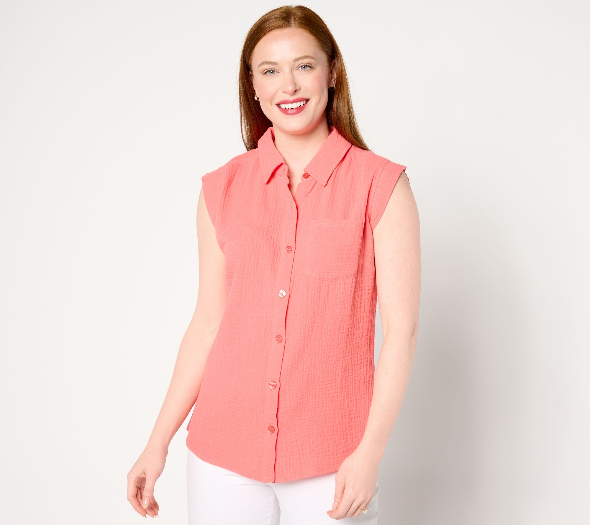 "As Is" Belle Beach by Kim Gravel Cotton Sleeveless Pocket Shirt