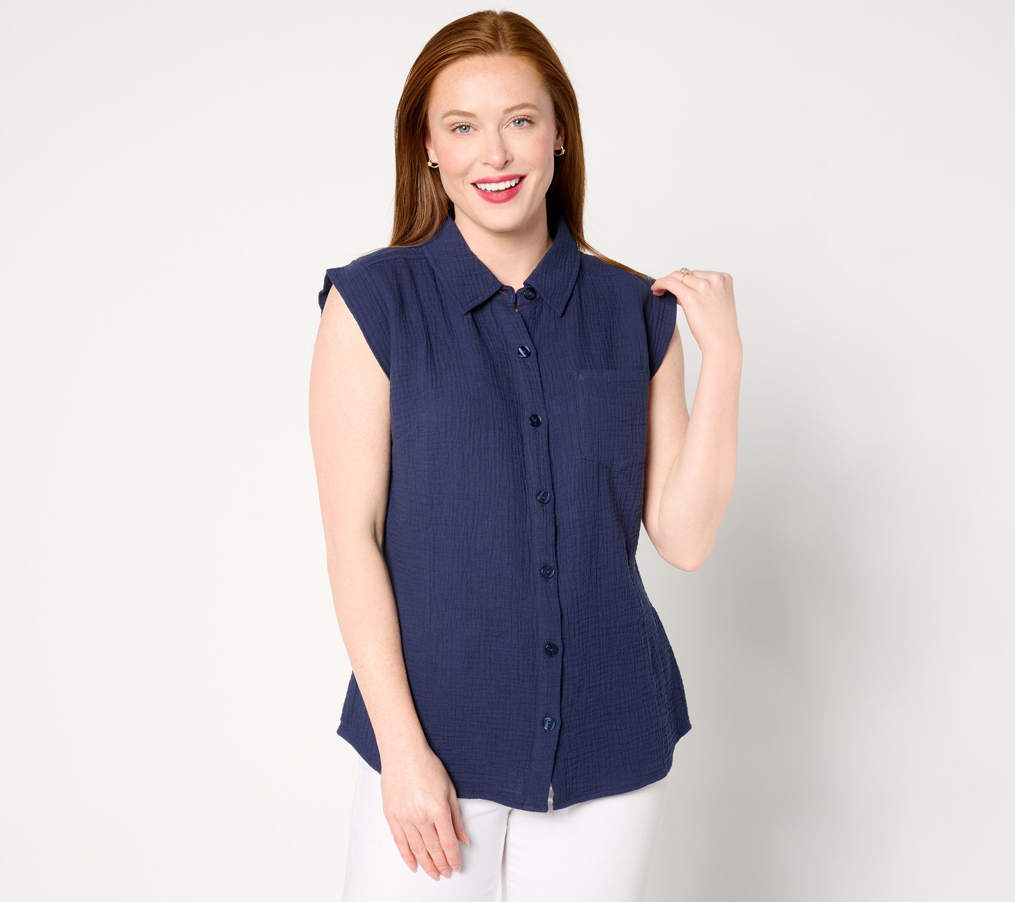 "As Is" Belle Beach by Kim Gravel Cotton Sleeveless Pocket Shirt