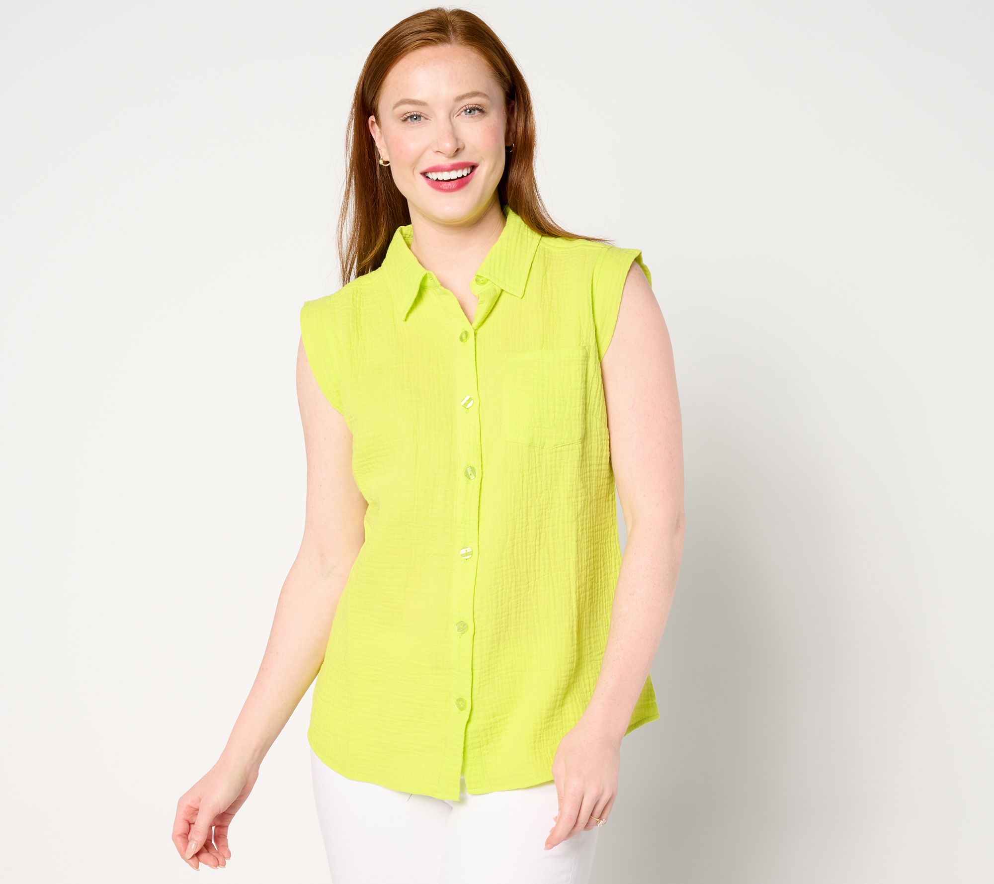 "As Is" Belle Beach by Kim Gravel Cotton Sleeveless Pocket Shirt