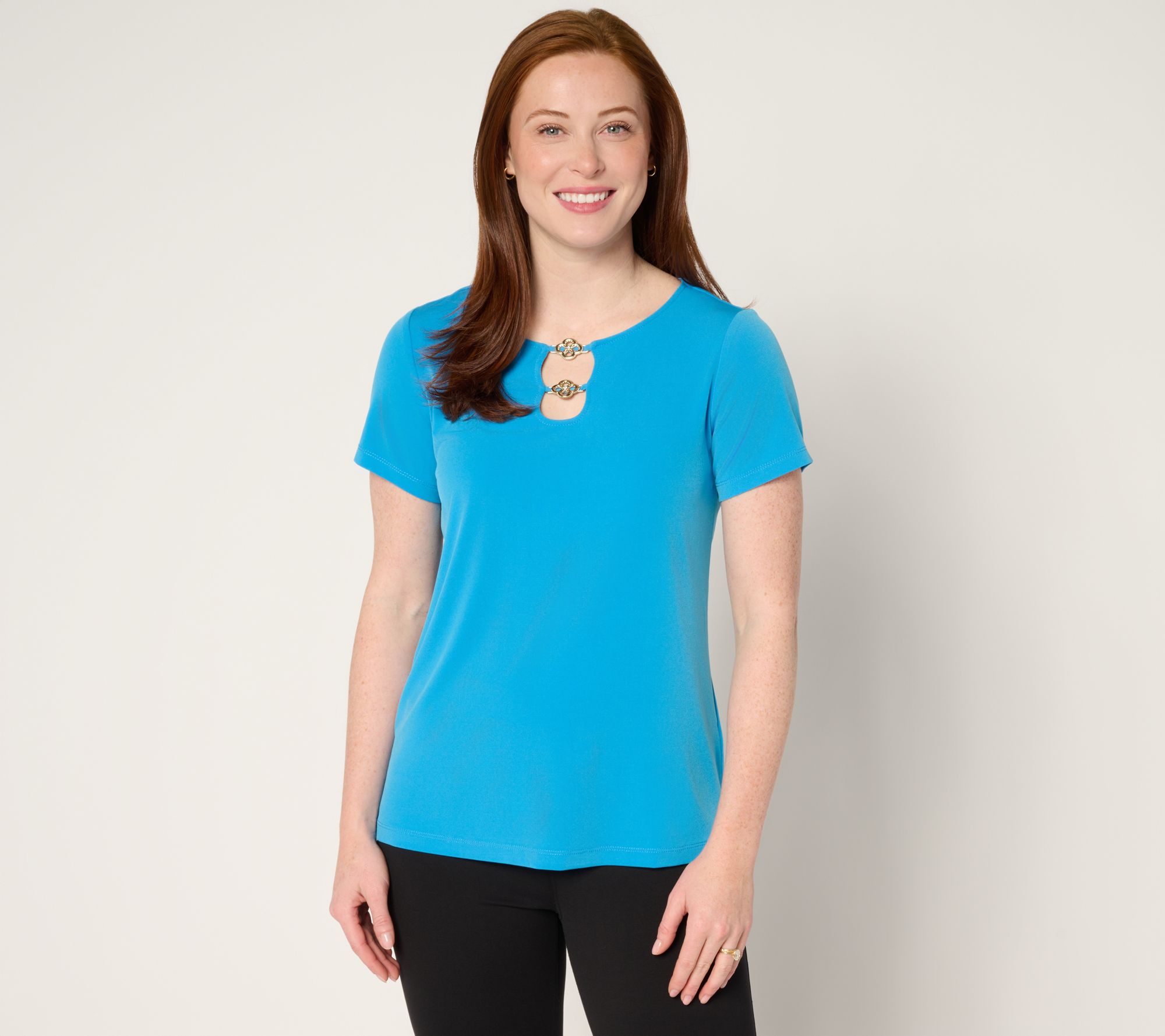 Susan Graver Liquid Knit Cap Sleeve Top with Keyhole Trim