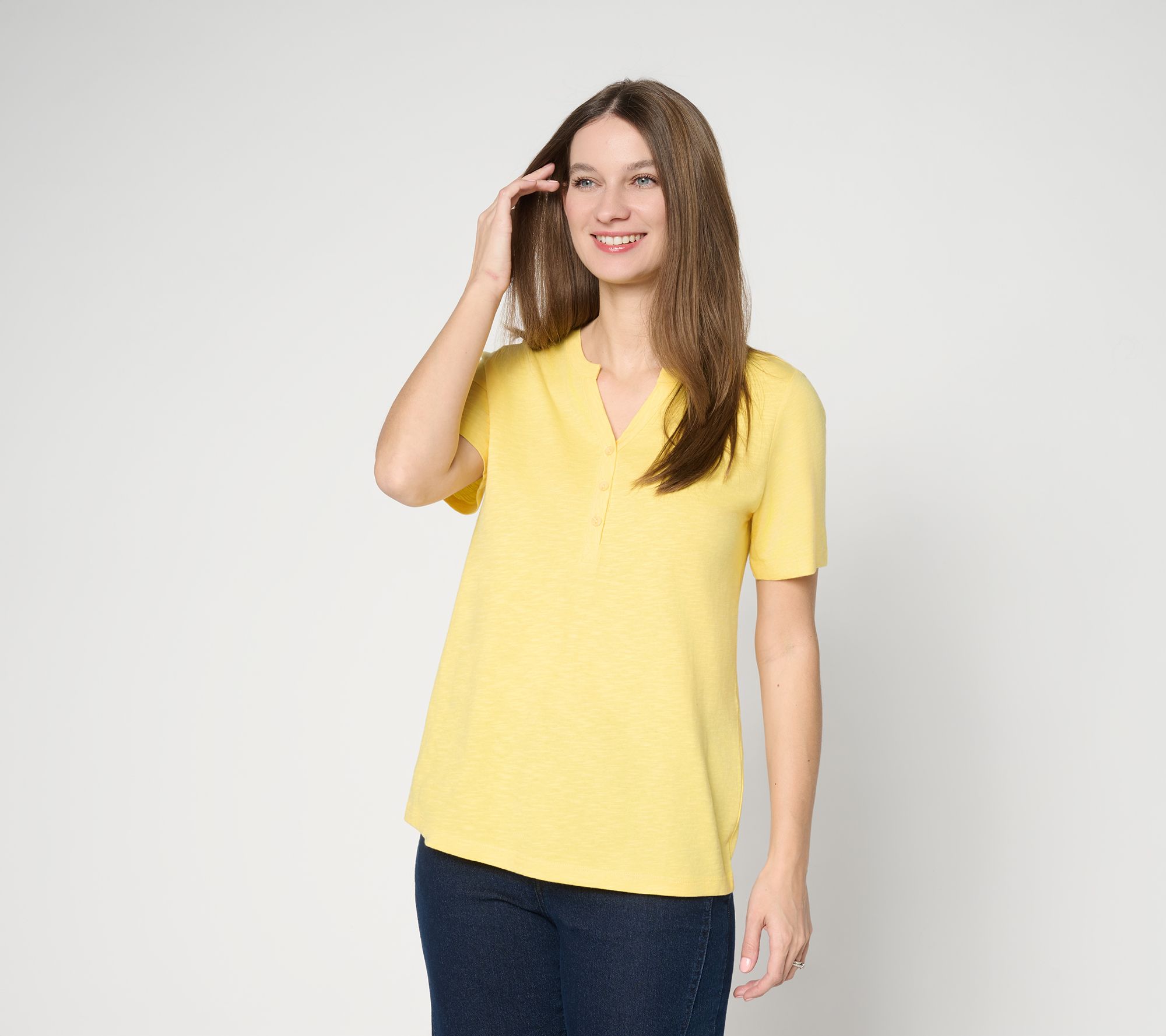 Denim & Co. Essentials Linen Blend Short Sleeve Henley