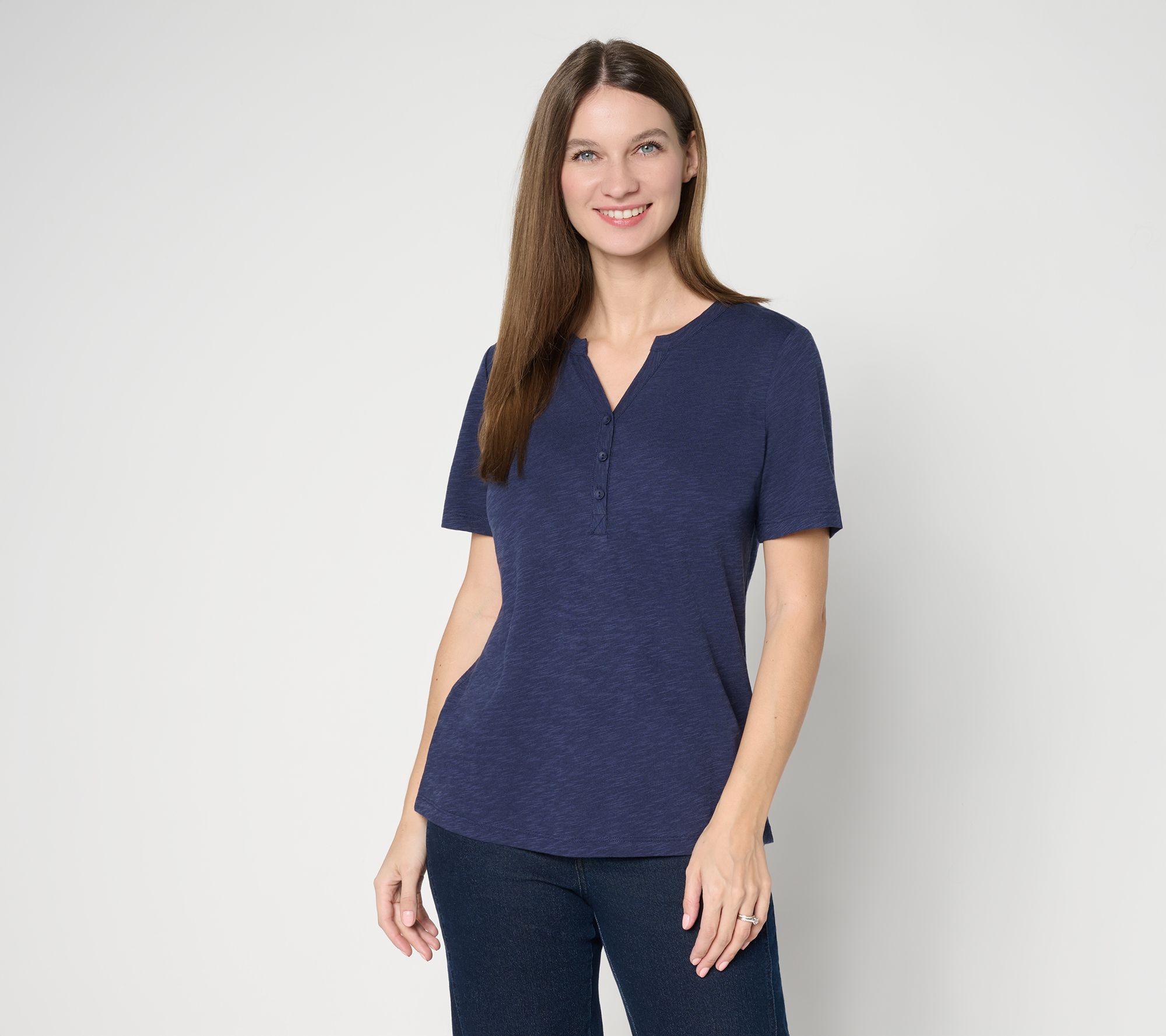 Denim & Co. Essentials Linen Blend Short Sleeve Henley