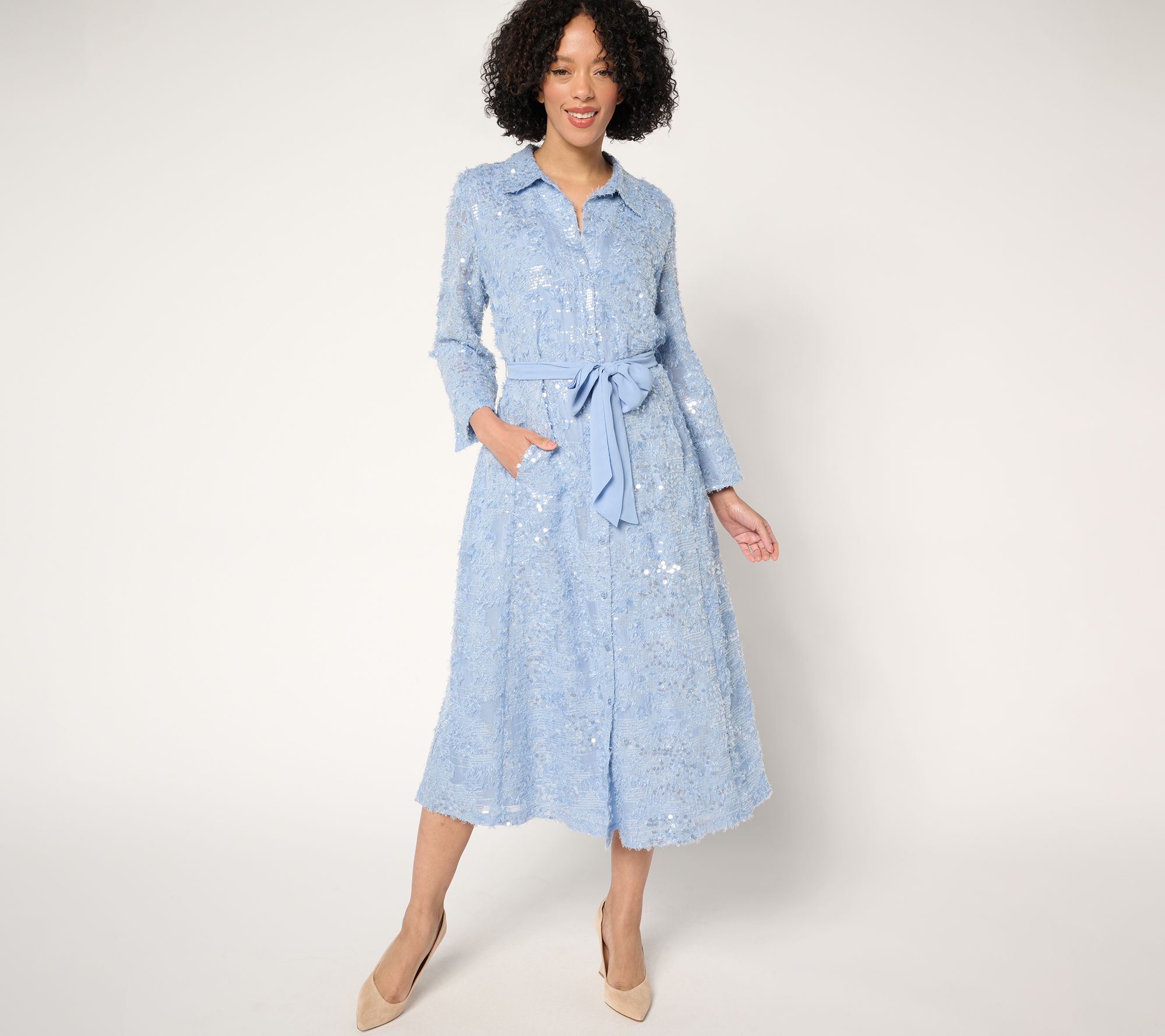 Dennis Basso Petite Spring Sequin Shirt Dress with Belt