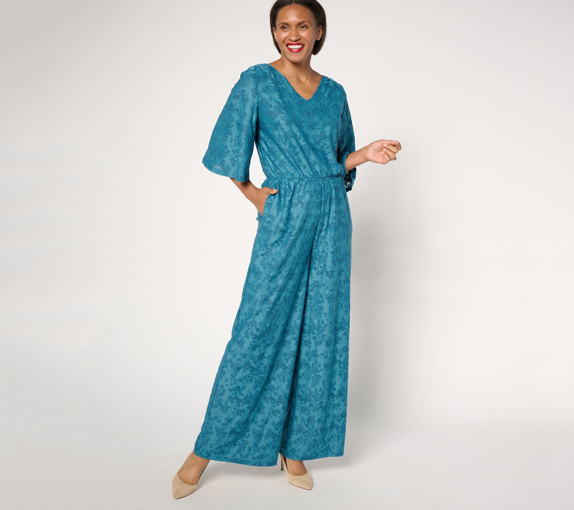 "As Is" Destination 365 Regular Satin Jacquard Wide Leg Jumpsuit