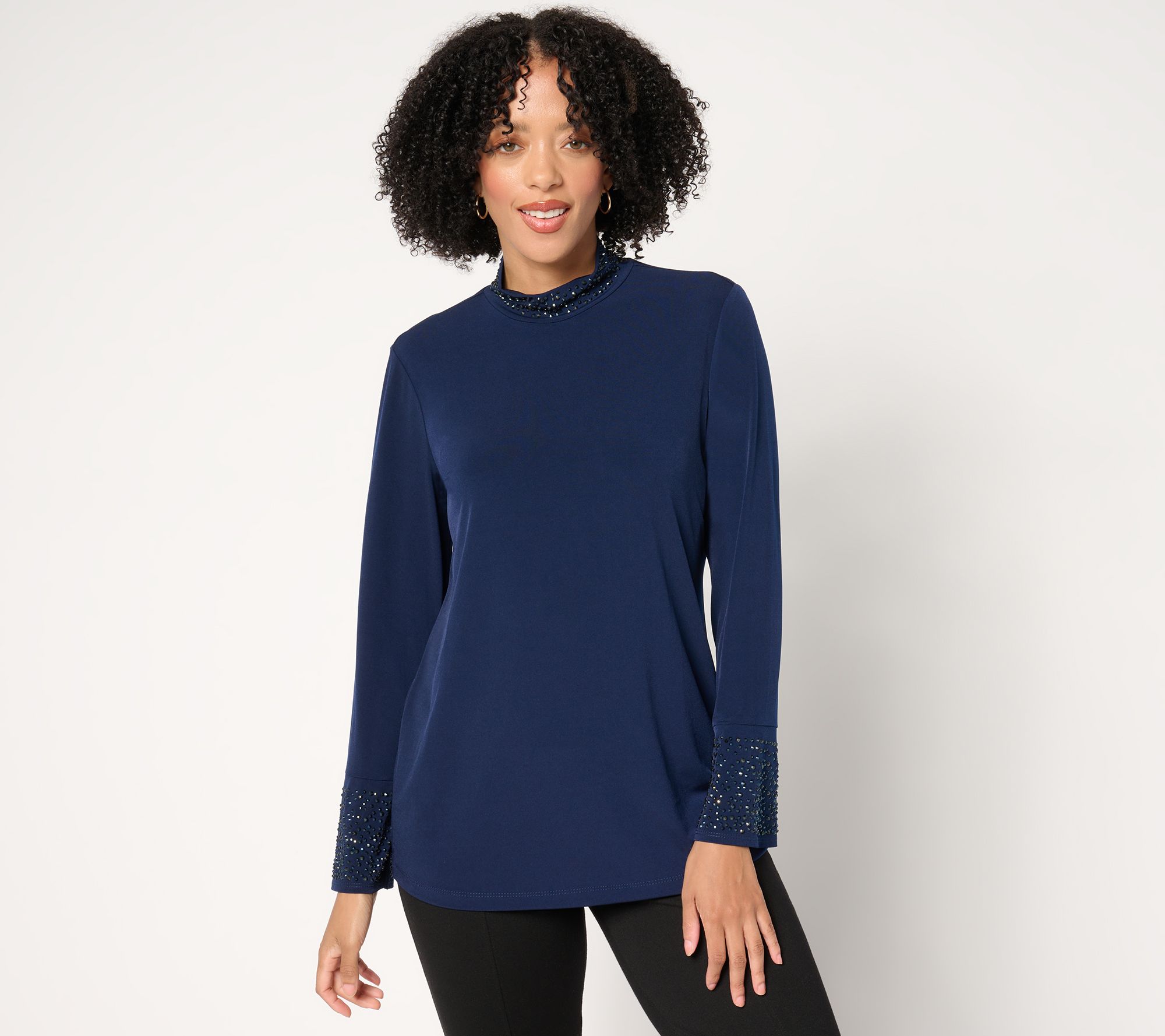 "As Is" Susan Graver Occasion Liquid Knit Embellished Mock Neck Top