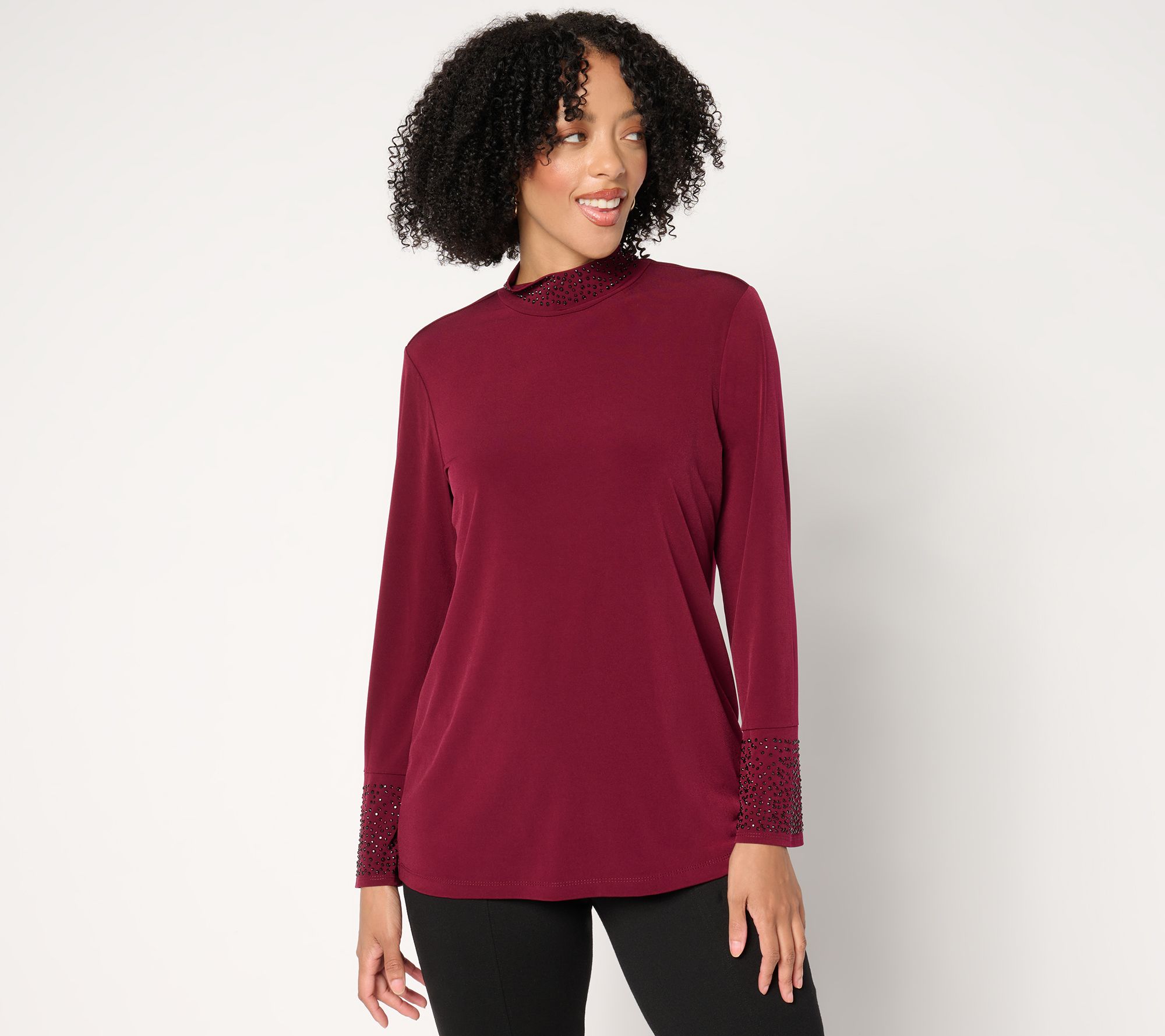 "As Is" Susan Graver Occasion Liquid Knit Embellished Mock Neck Top