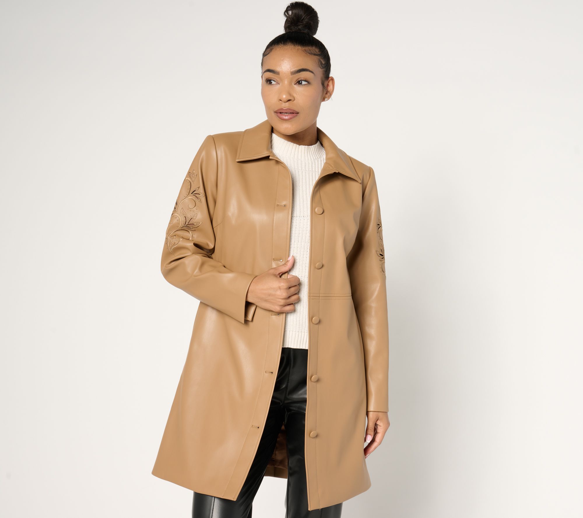 "As Is" Denim & Co. Signature Faux Leather Long Jacket w/ Rose Stitch