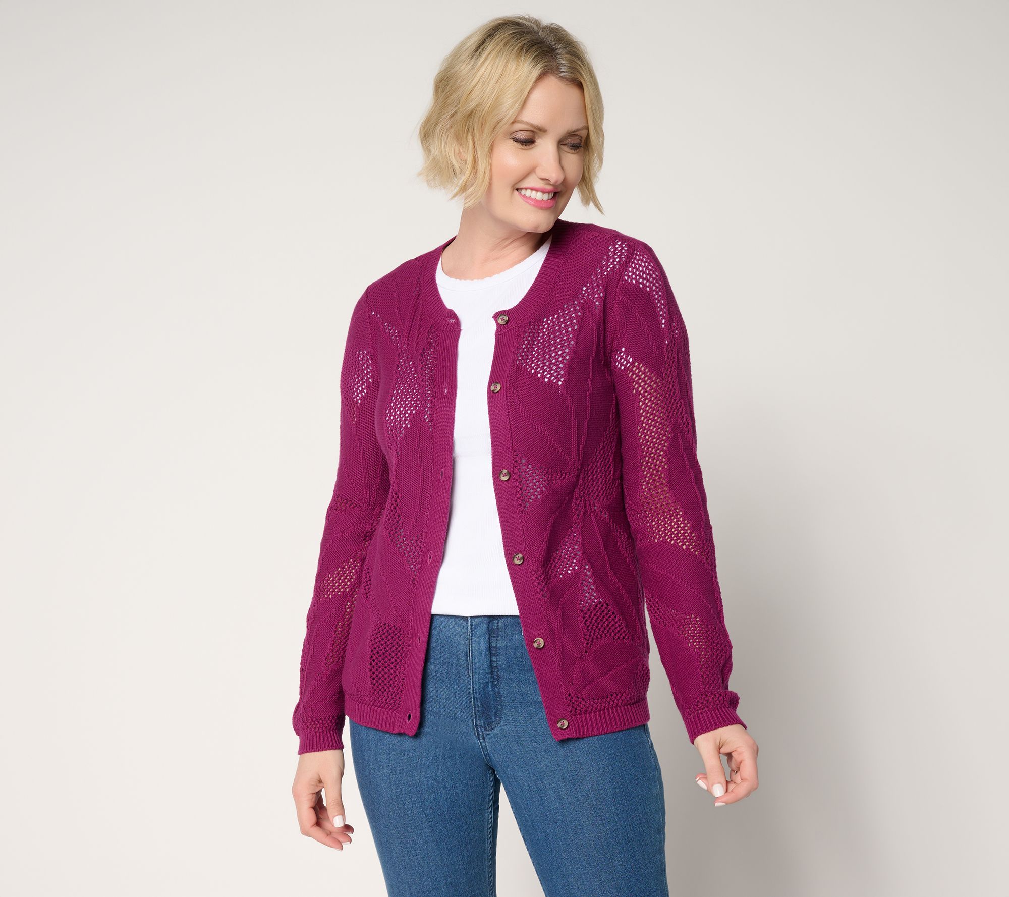 Denim & Co. 100% Cotton Long Sleeve Leaf Patterned Cardigan