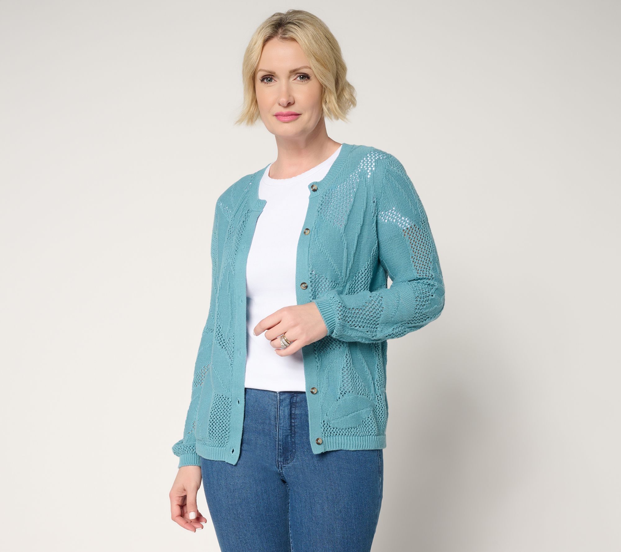 Denim & Co. 100% Cotton Long Sleeve Leaf Patterned Cardigan