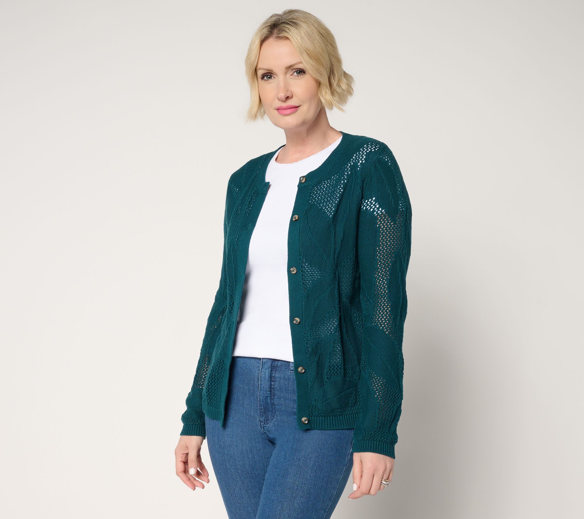 Denim & Co. 100% Cotton Long Sleeve Leaf Patterned Cardigan