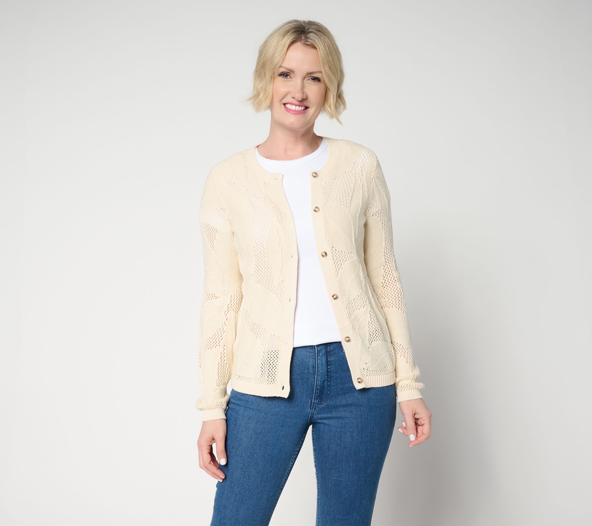 Denim & Co. 100% Cotton Long Sleeve Leaf Patterned Cardigan