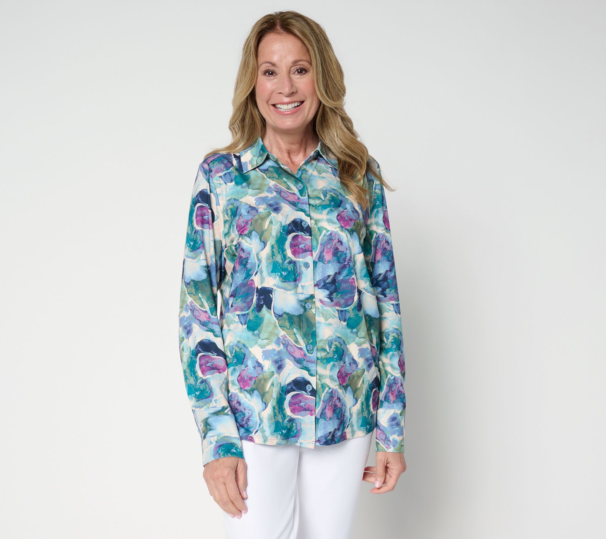 Attitudes by Renee Yummy Jersey Knit Button Down Shirt