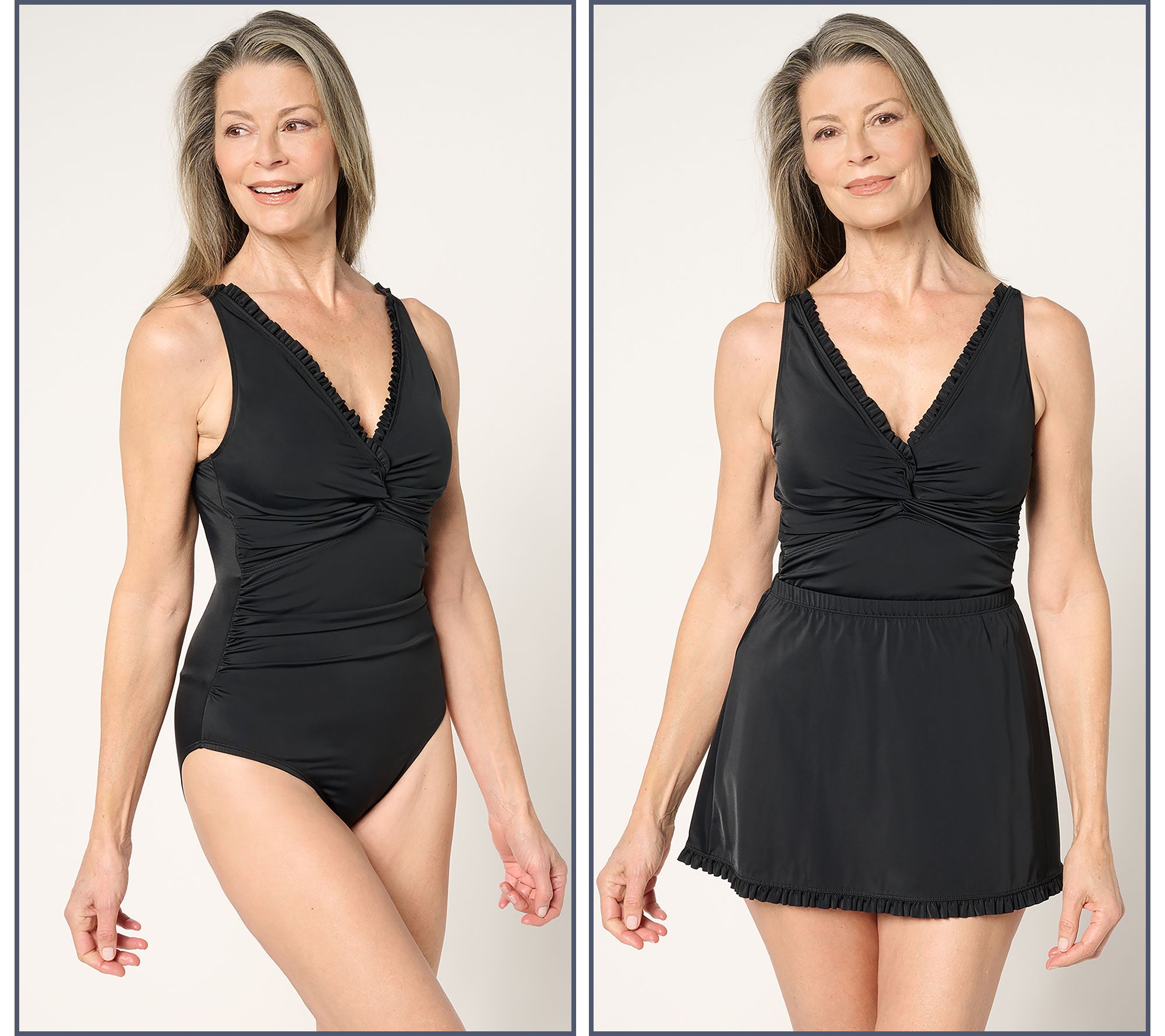 "As Is" Susan Graver Soleil V-Neck Swimsuit with Ruffles & Overskirt