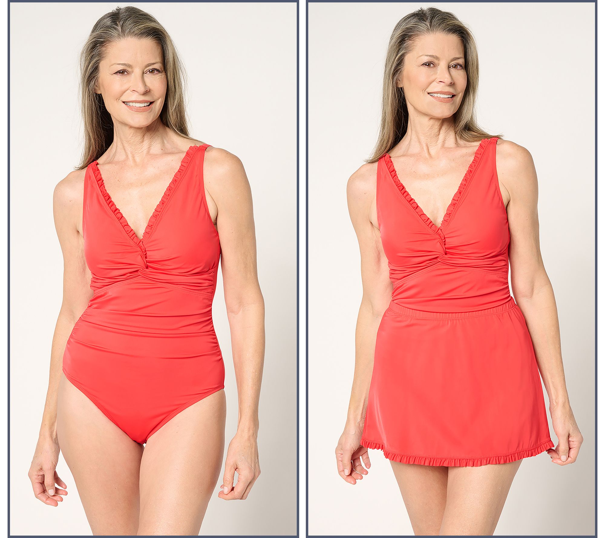 "As Is" Susan Graver Soleil V-Neck Swimsuit with Ruffles & Overskirt