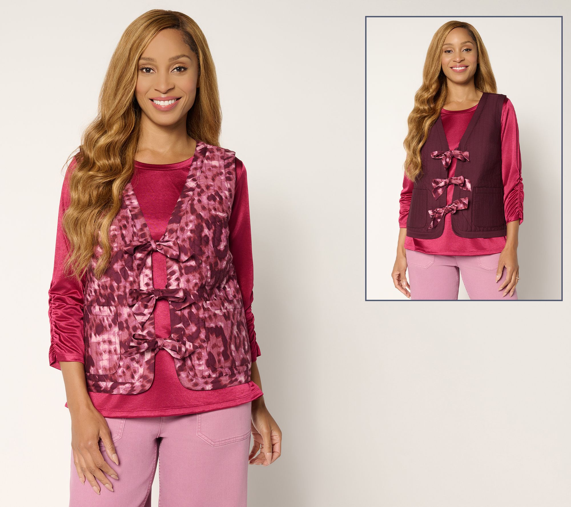 LOGO by Lori Goldstein Quilted Cotton Reversible Tie Front Vest