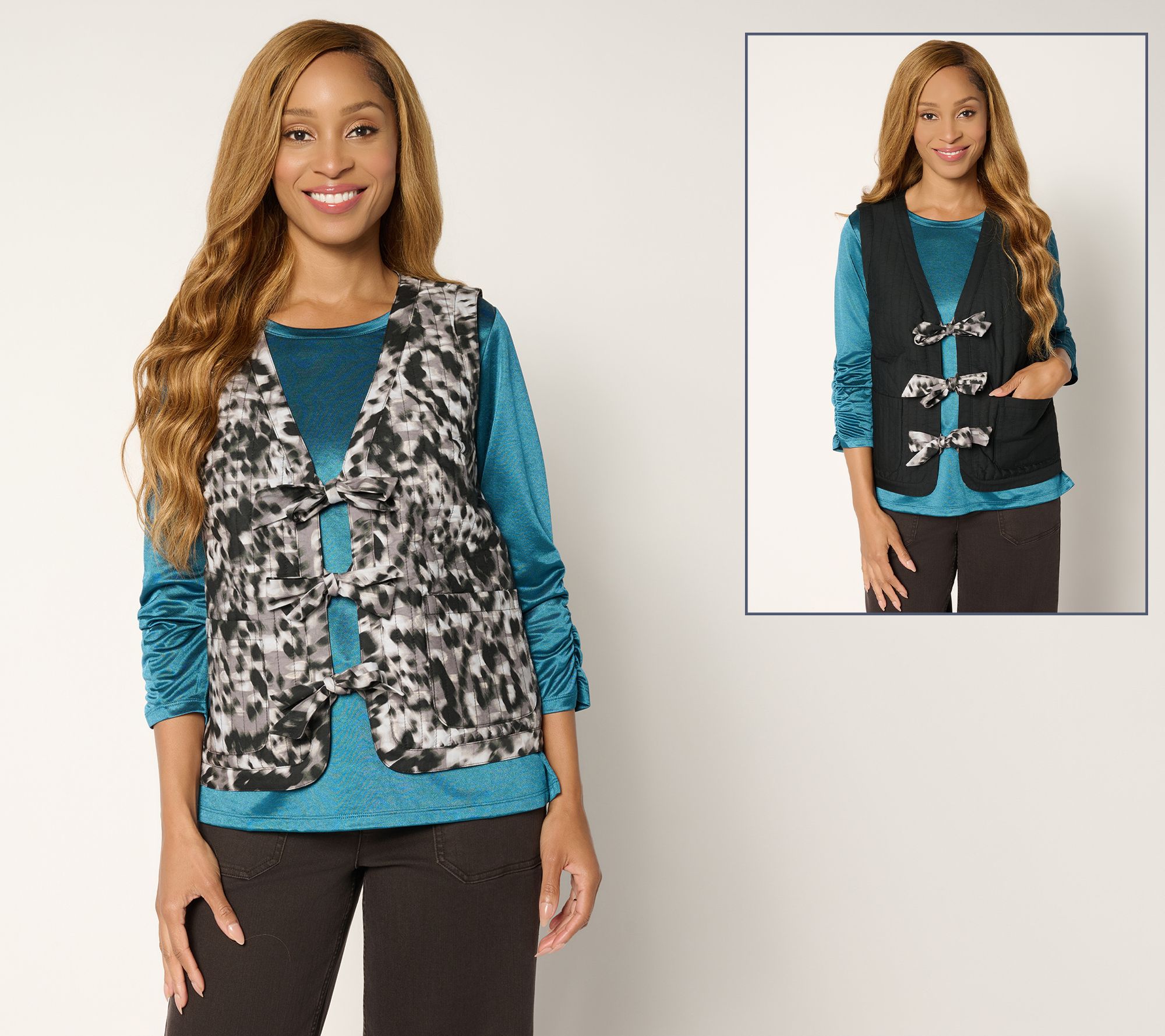 LOGO by Lori Goldstein Quilted Cotton Reversible Tie Front Vest