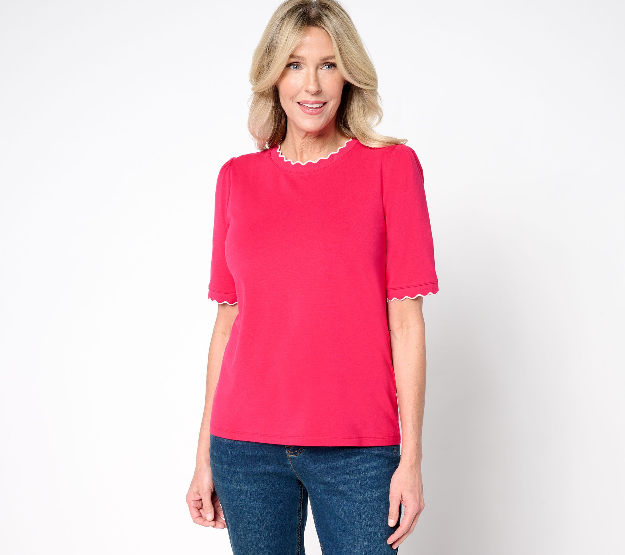 "As Is" Isaac Mizrahi Live! Knit Crewneck Elbow Sleeve Top w/Scallop