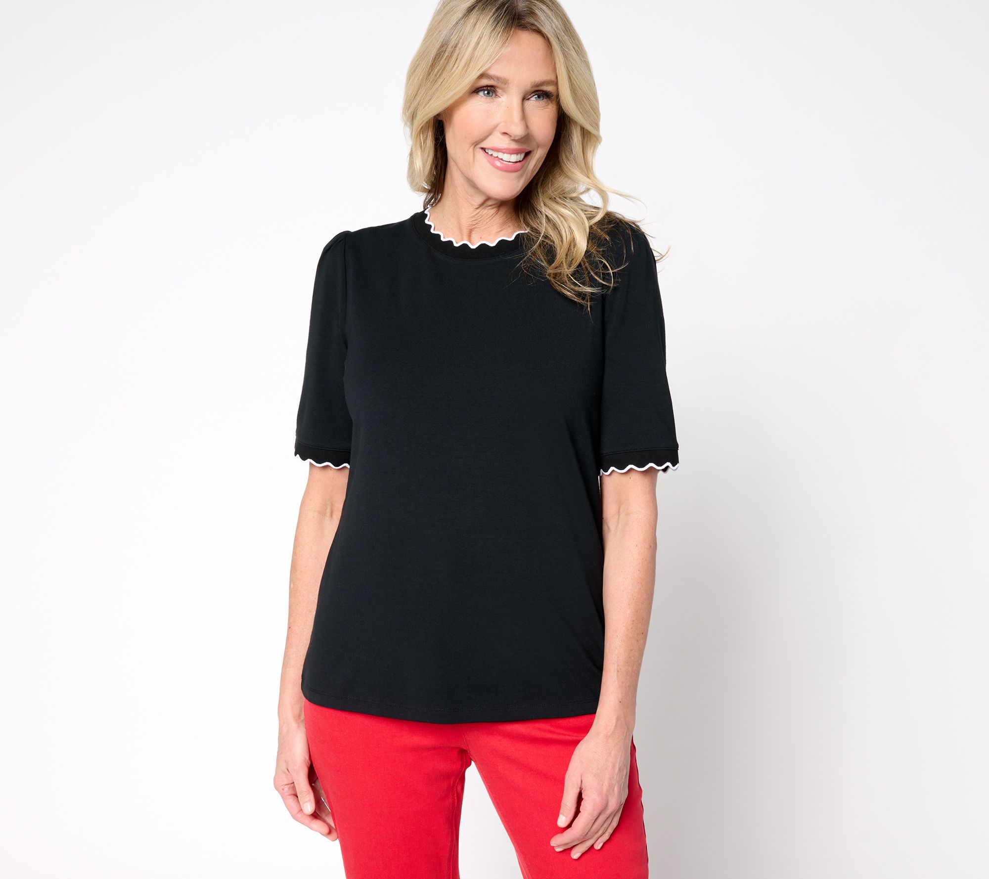 "As Is" Isaac Mizrahi Live! Knit Crewneck Elbow Sleeve Top w/Scallop