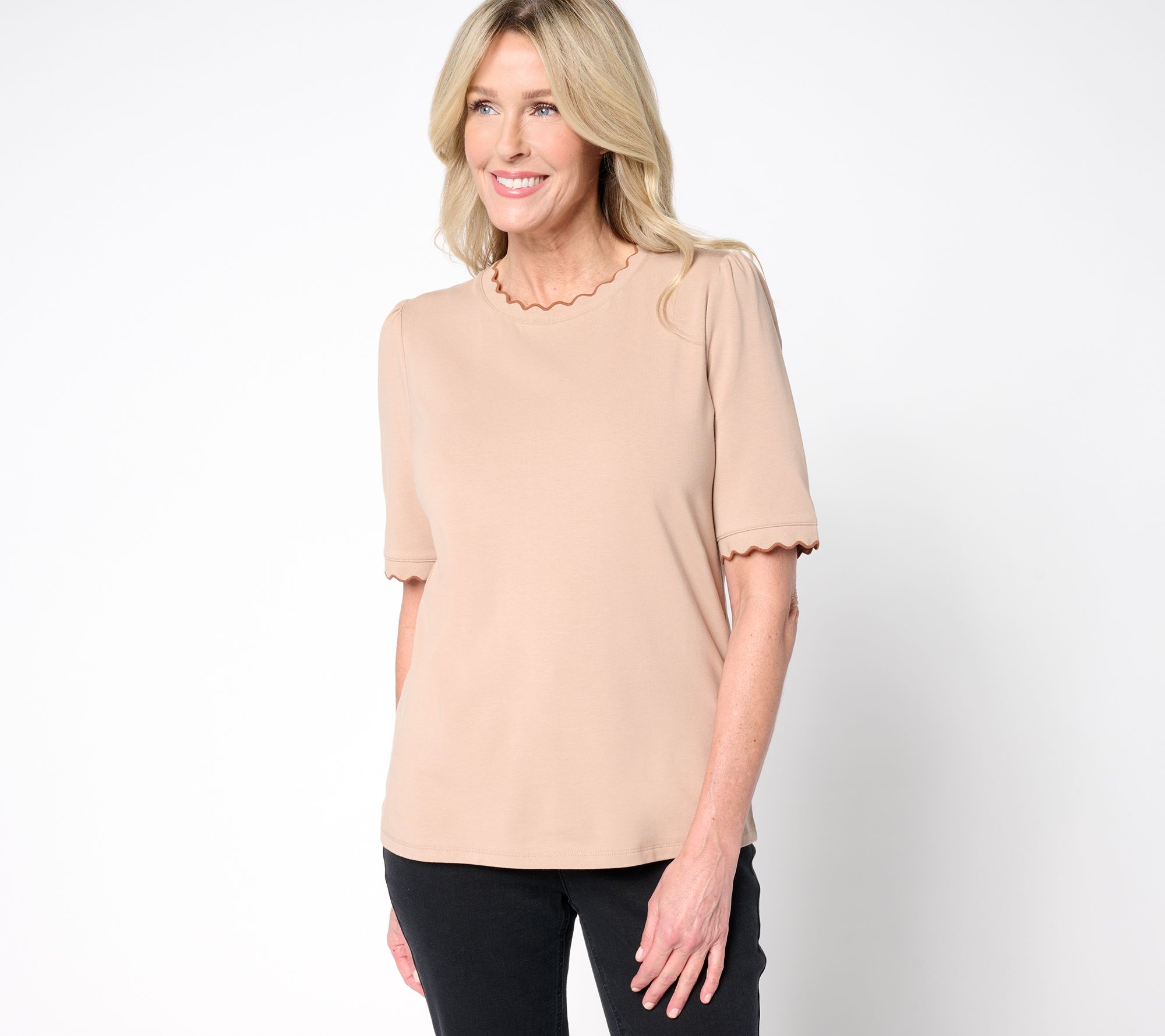 "As Is" Isaac Mizrahi Live! Knit Crewneck Elbow Sleeve Top w/Scallop