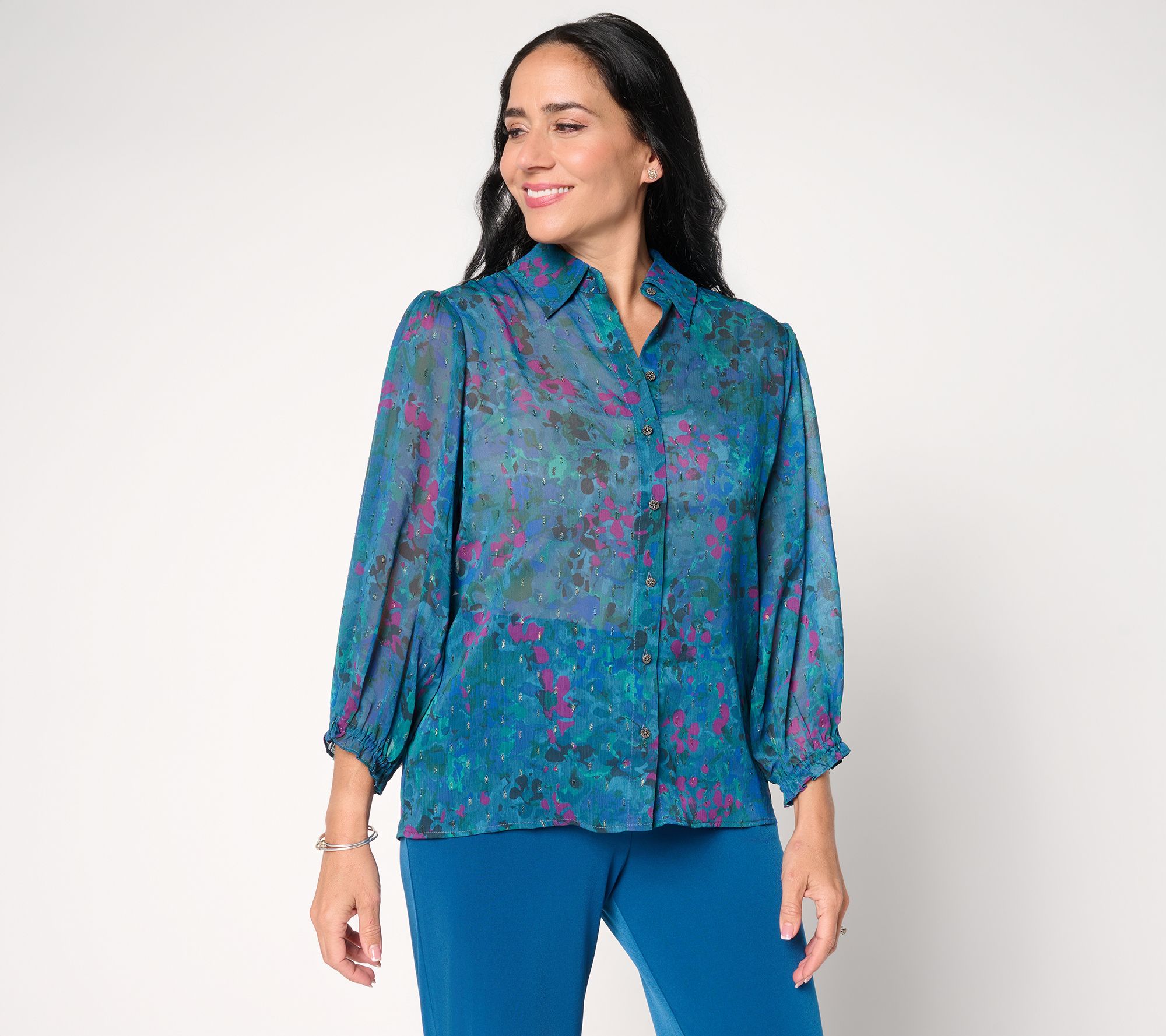 Susan Graver Printed Sheer Woven Metallic Clipped Jacquard Blouse