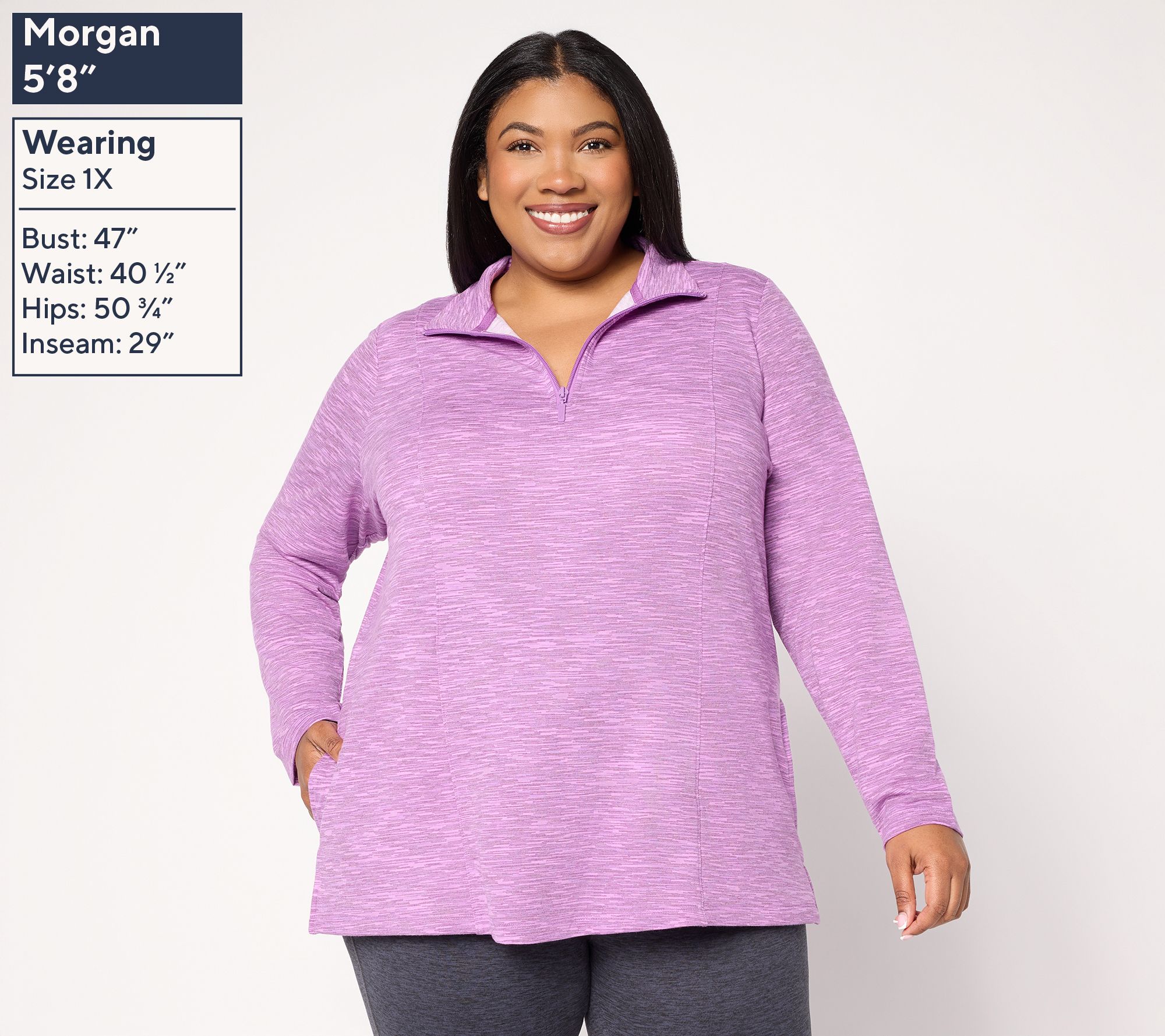 Denim & Co. Active Petite Soft Blend Knit Space Dye Half Zip Tunic