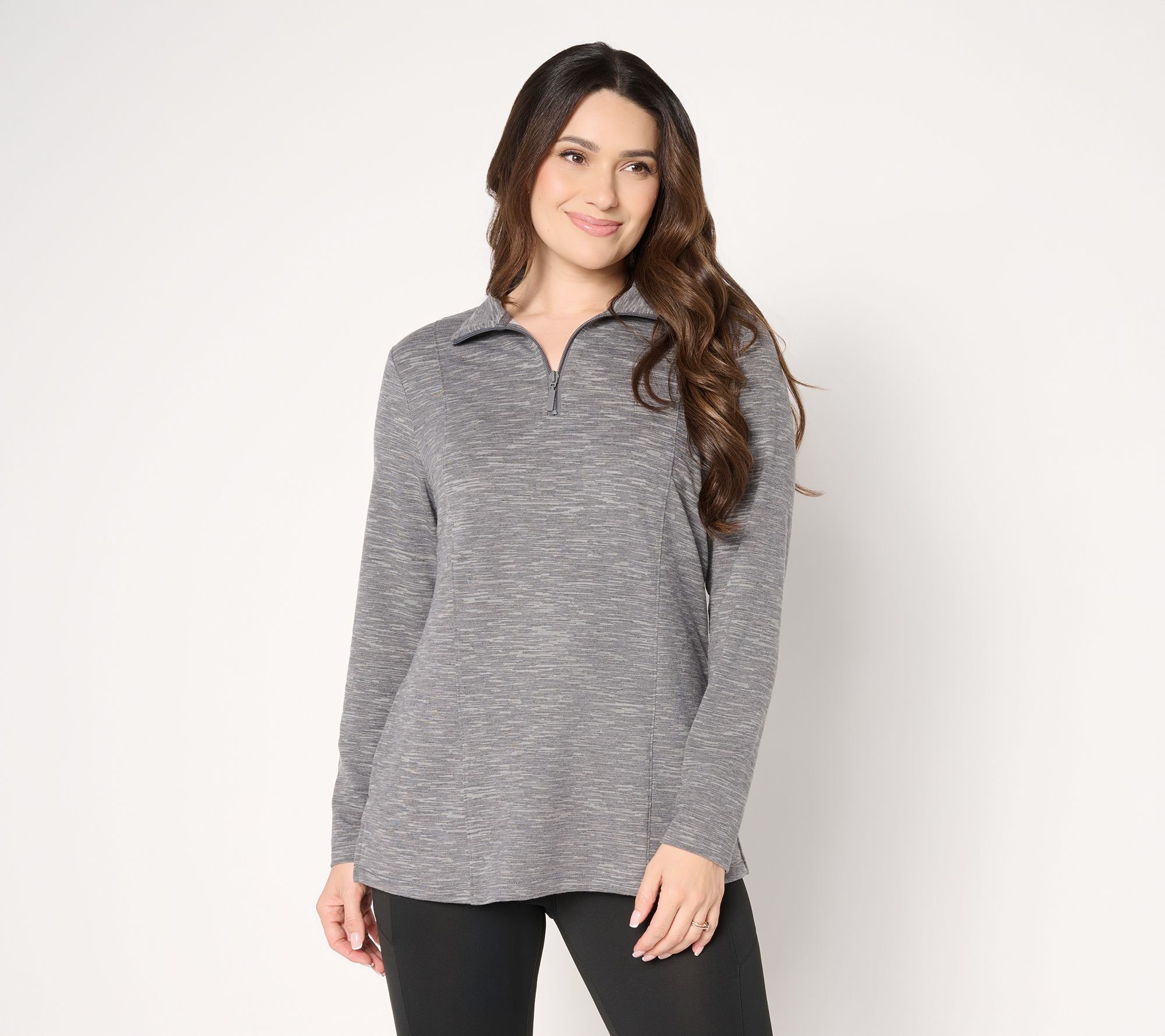 Denim & Co. Active Petite Soft Blend Knit Space Dye Half Zip Tunic