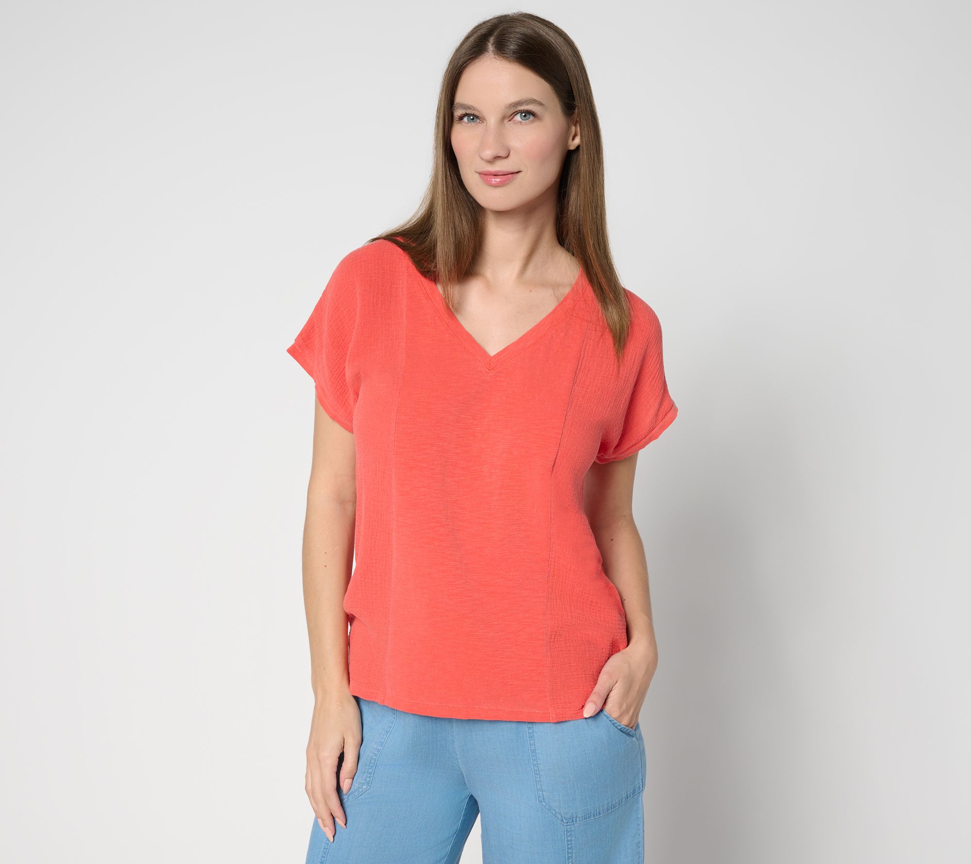 "As Is" AnyBody Slub Jersey and Gauze Mixed Short Sleeve Top