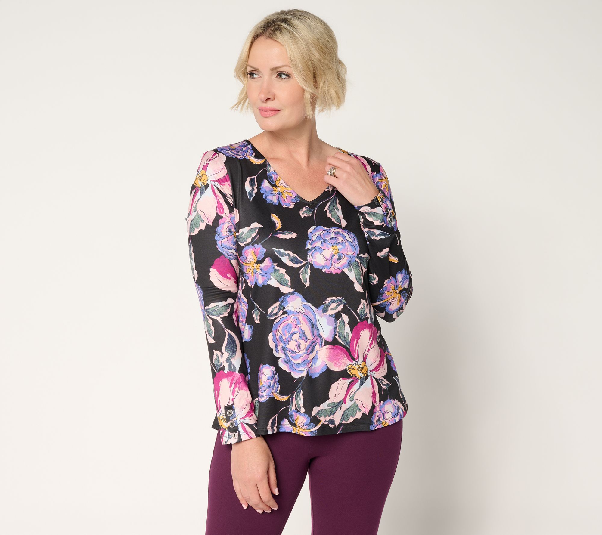 "As Is" Women with Control Knit Print or Solid V-Neck Top