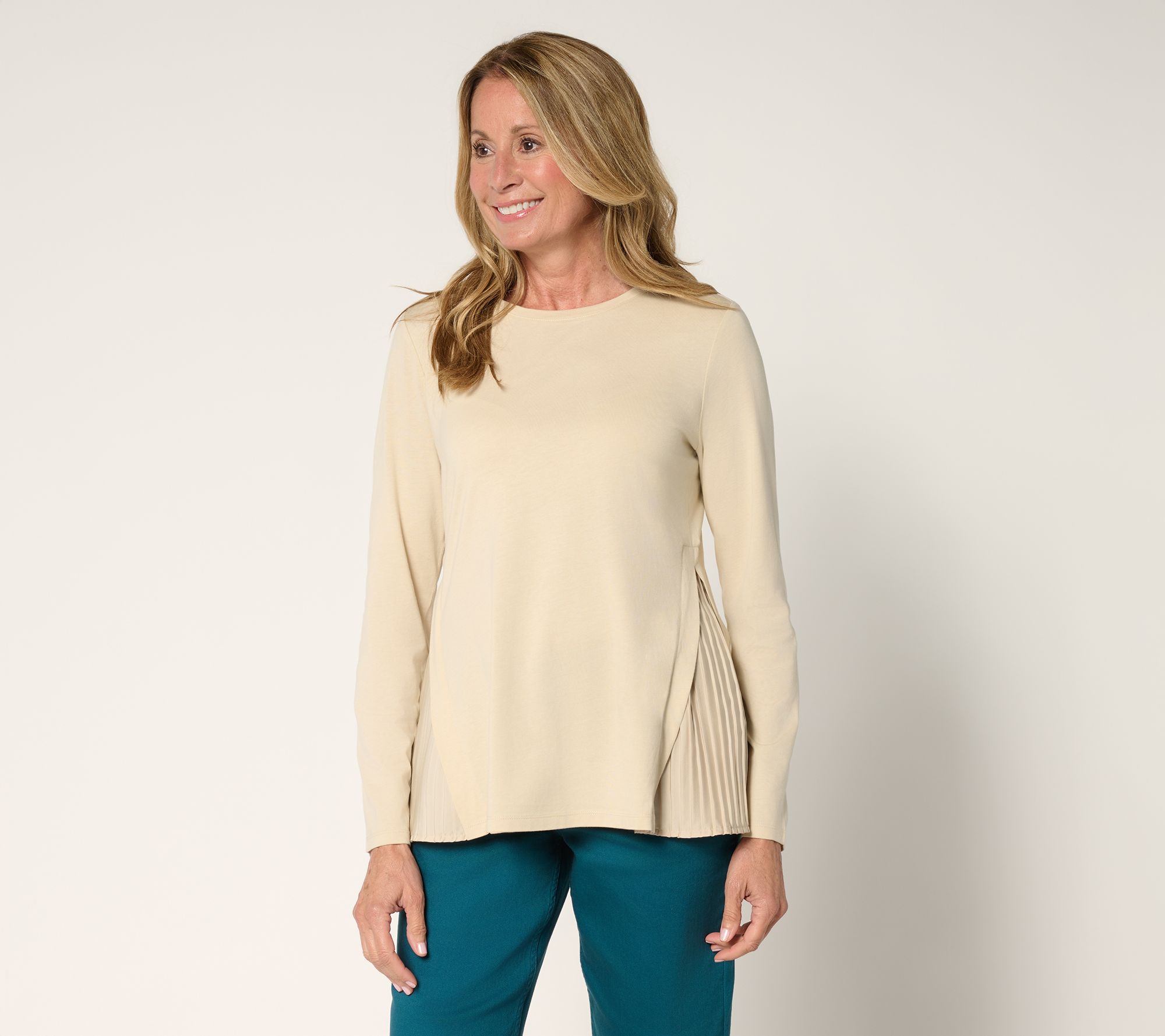 "As Is" LOGO by Lori Goldstein Long Sleeve Tee with Side Pleats