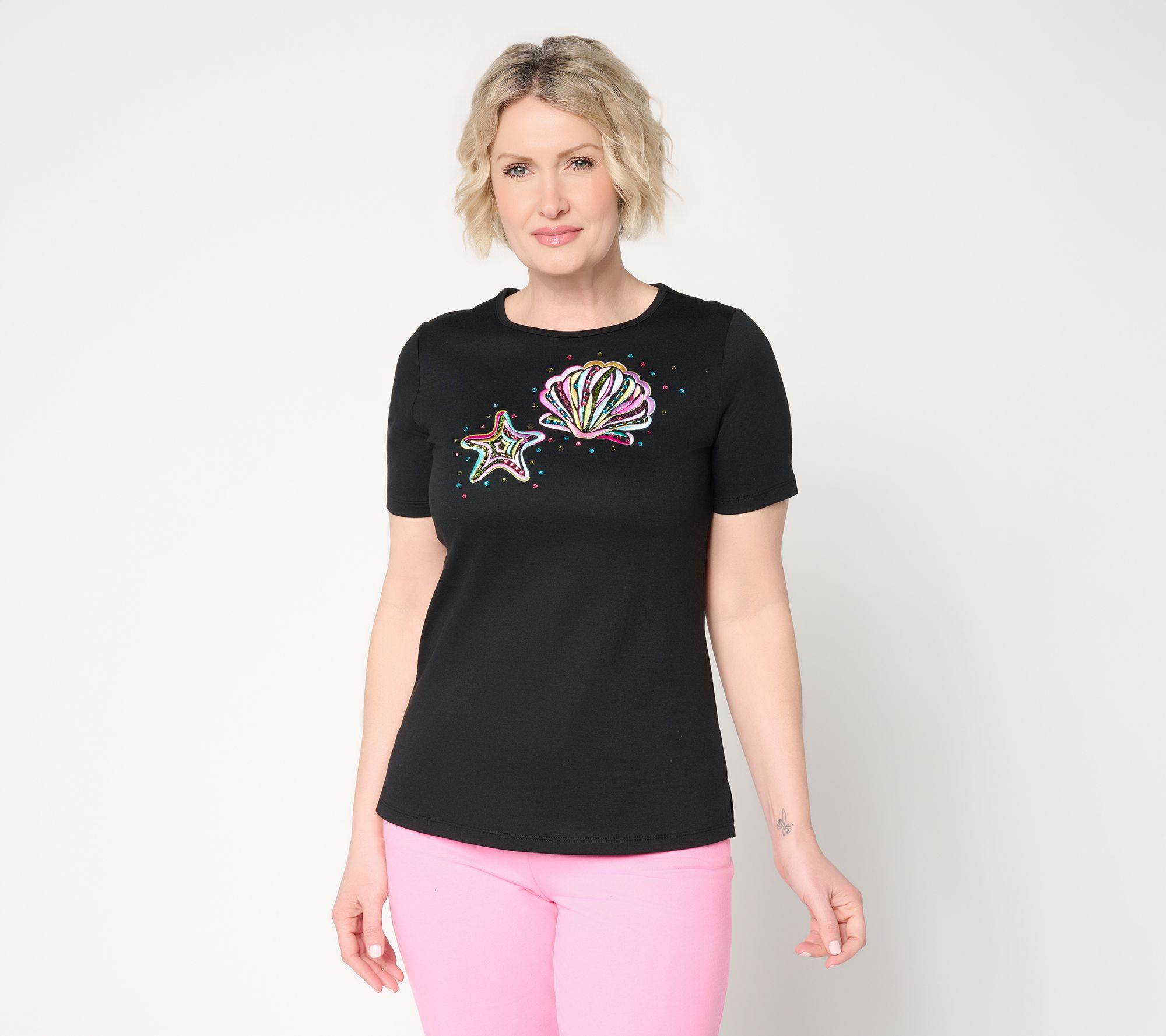 Quacker Factory Sea Shelling By the Sea Shore Short Sleeve Top