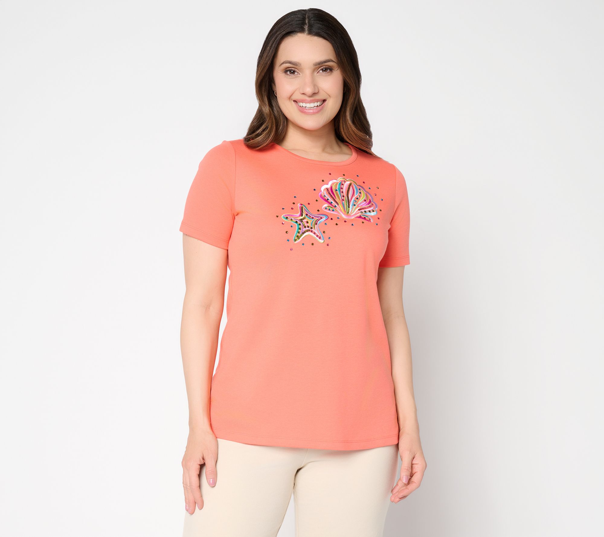 Quacker Factory Sea Shelling By the Sea Shore Short Sleeve Top