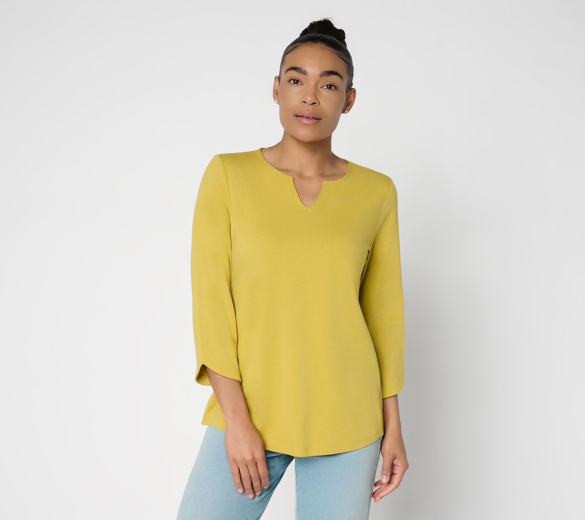 Denim & Co. Essentials Favorite Jersey 3/4 Sleeve Split Neck Top