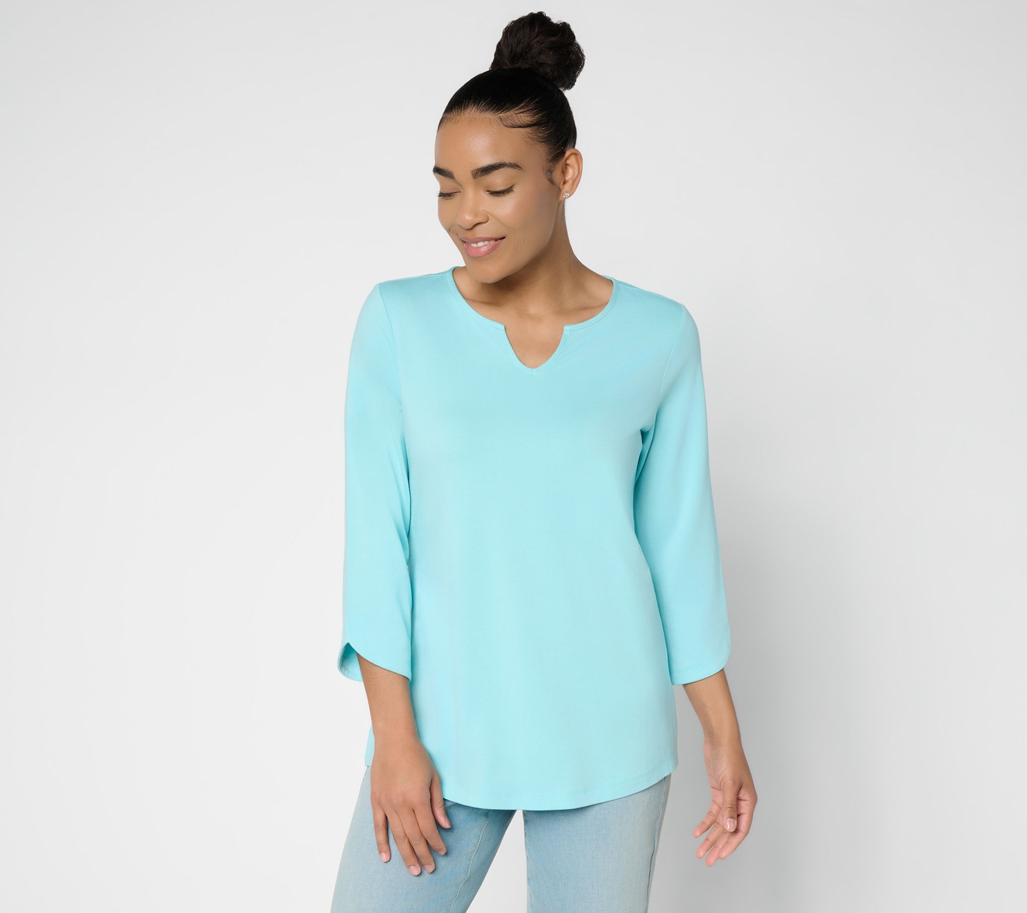 Denim & Co. Essentials Favorite Jersey 3/4 Sleeve Split Neck Top