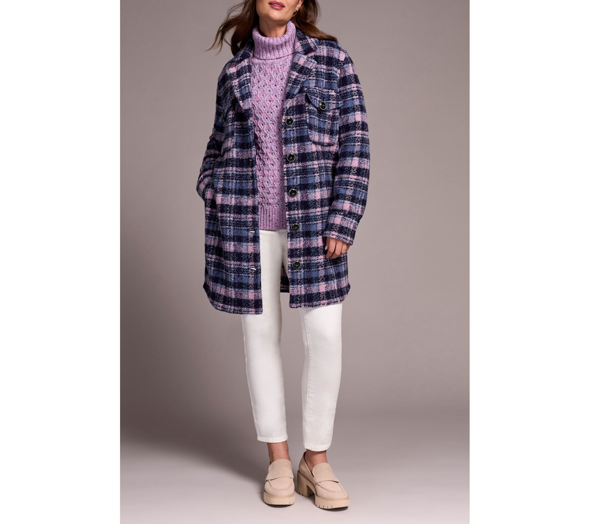 Tribal Knit Plaid Notch Collar Shacket