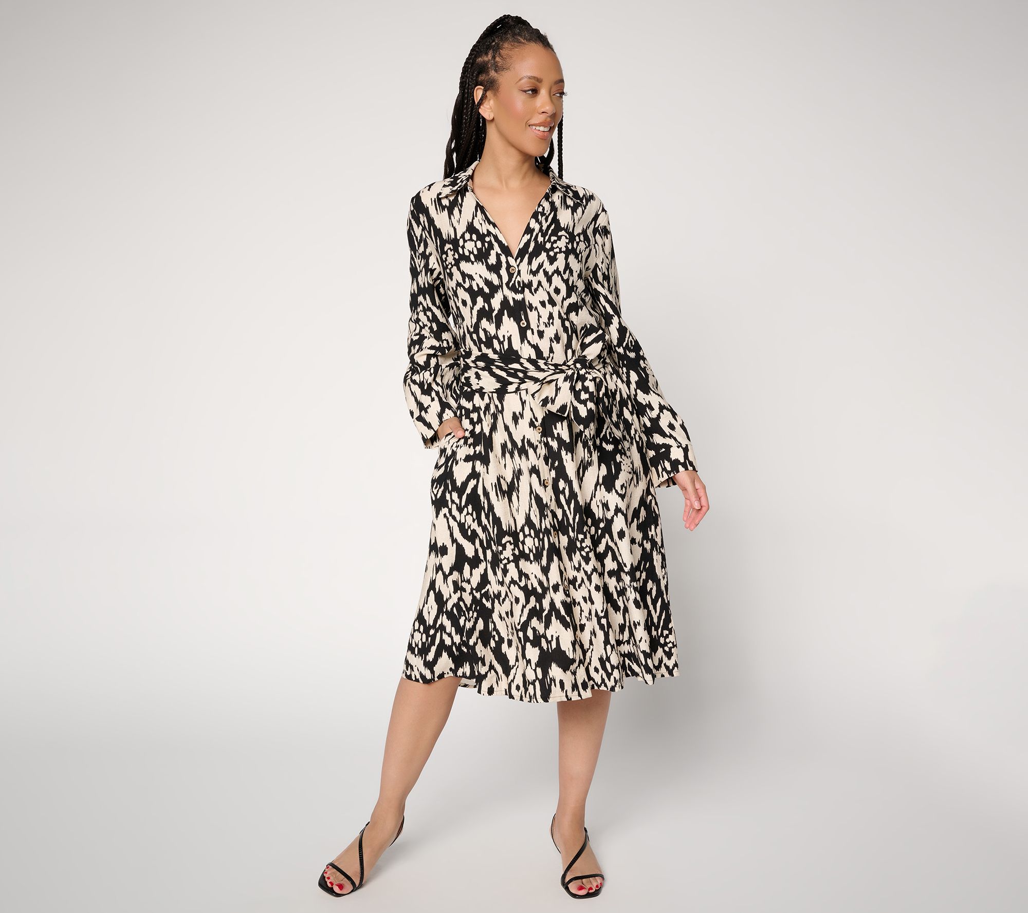 Dennis Basso Regular Drapy Ikat Button Front Shirt Dress