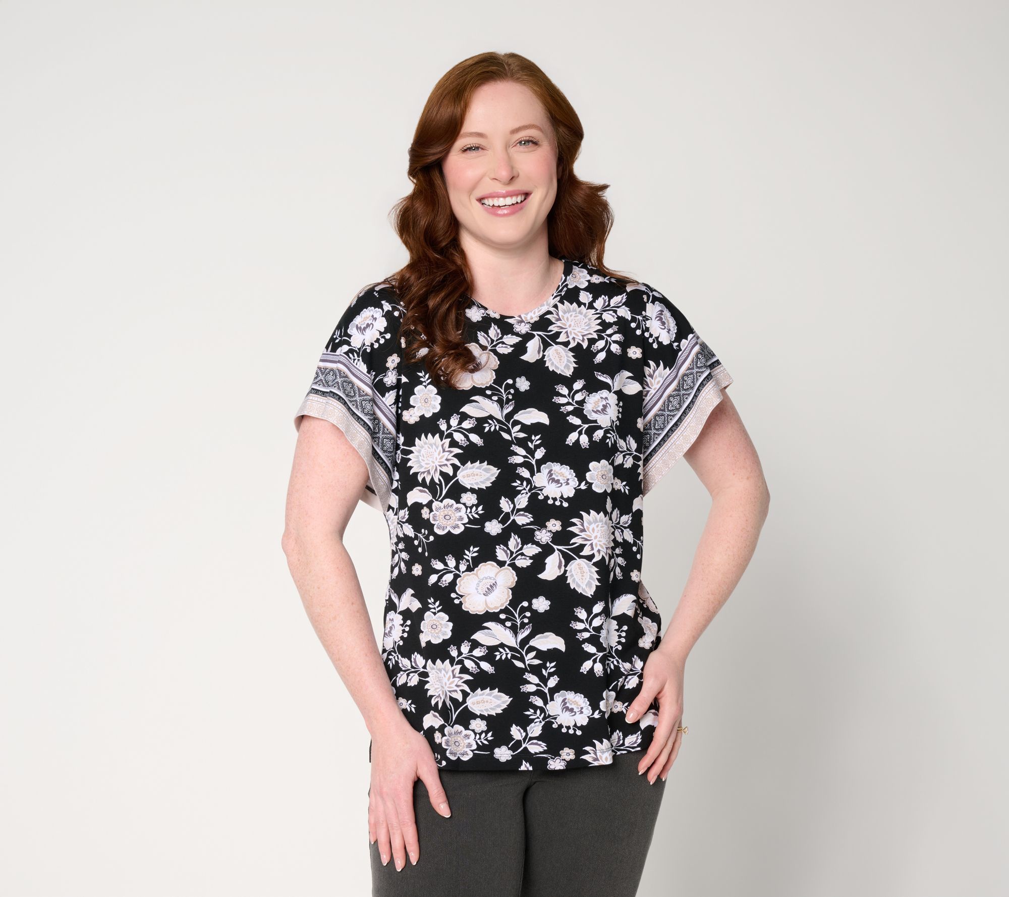 Denim & Co. So Soft Jersey Printed Flutter Sleeve Top w/ Crew Neck